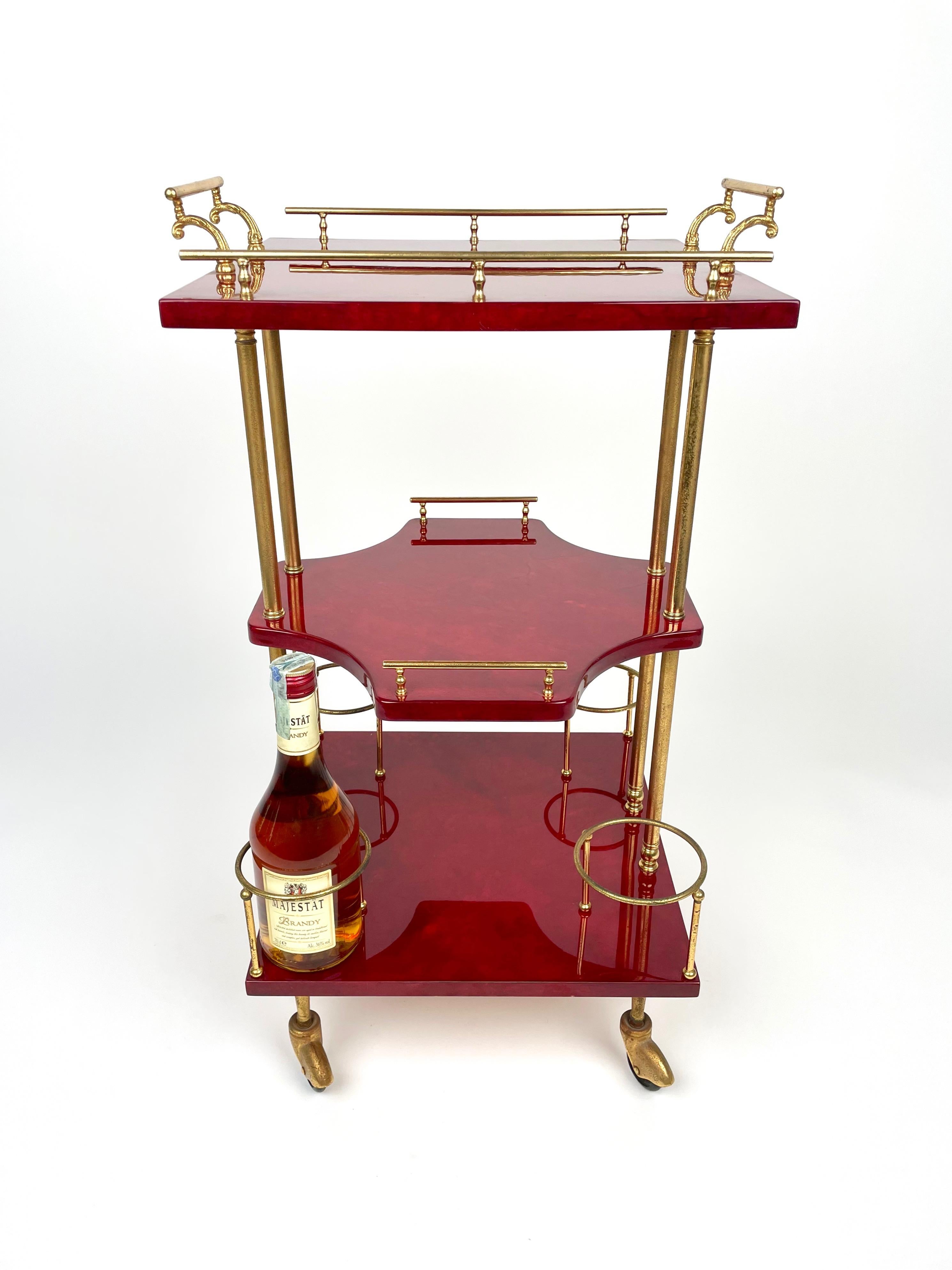 Mid-20th Century Serving Bar Cart Red Goatskin and Brass by Aldo Tura, Italy 1960s