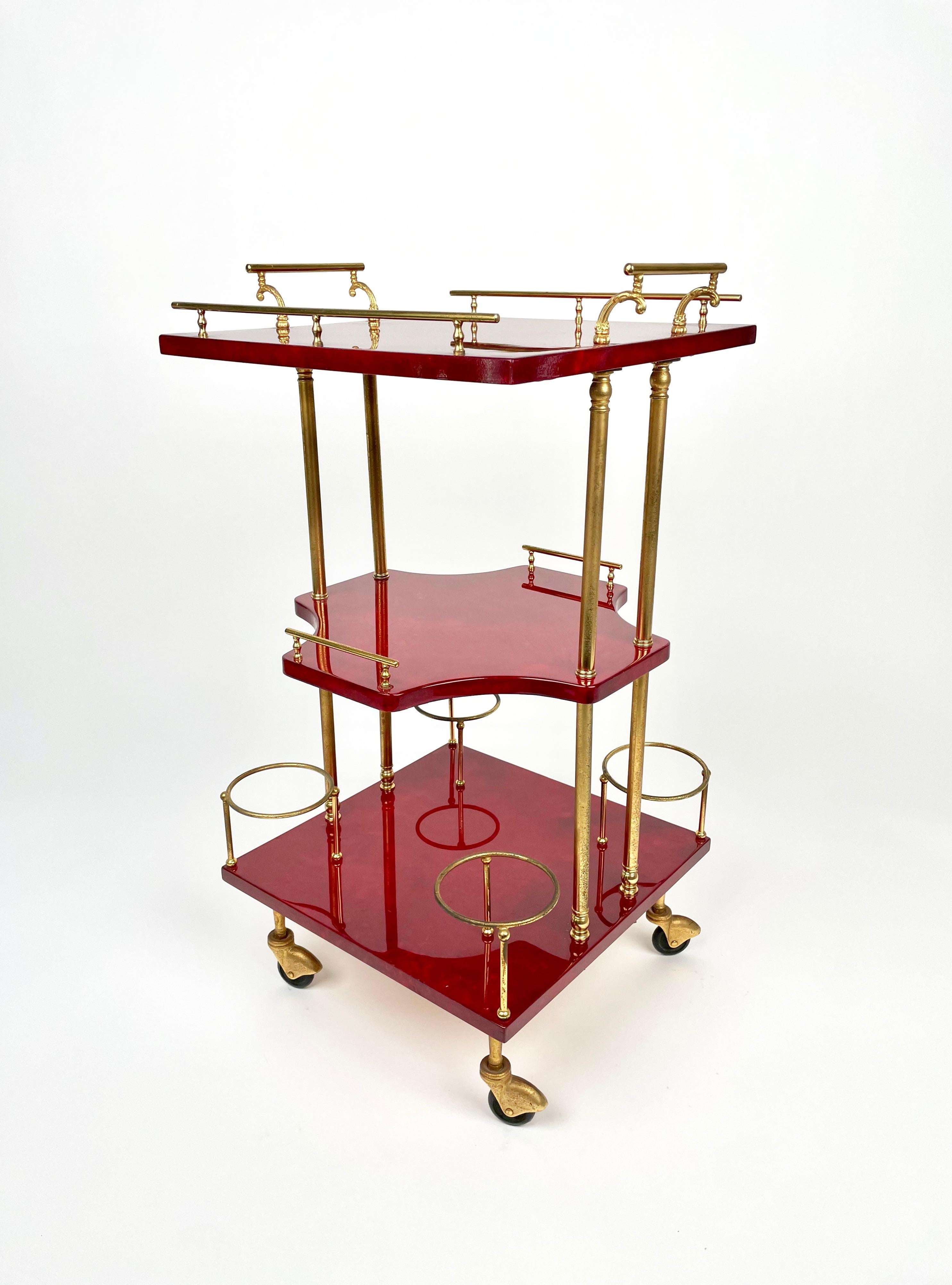 Metal Serving Bar Cart Red Goatskin and Brass by Aldo Tura, Italy 1960s