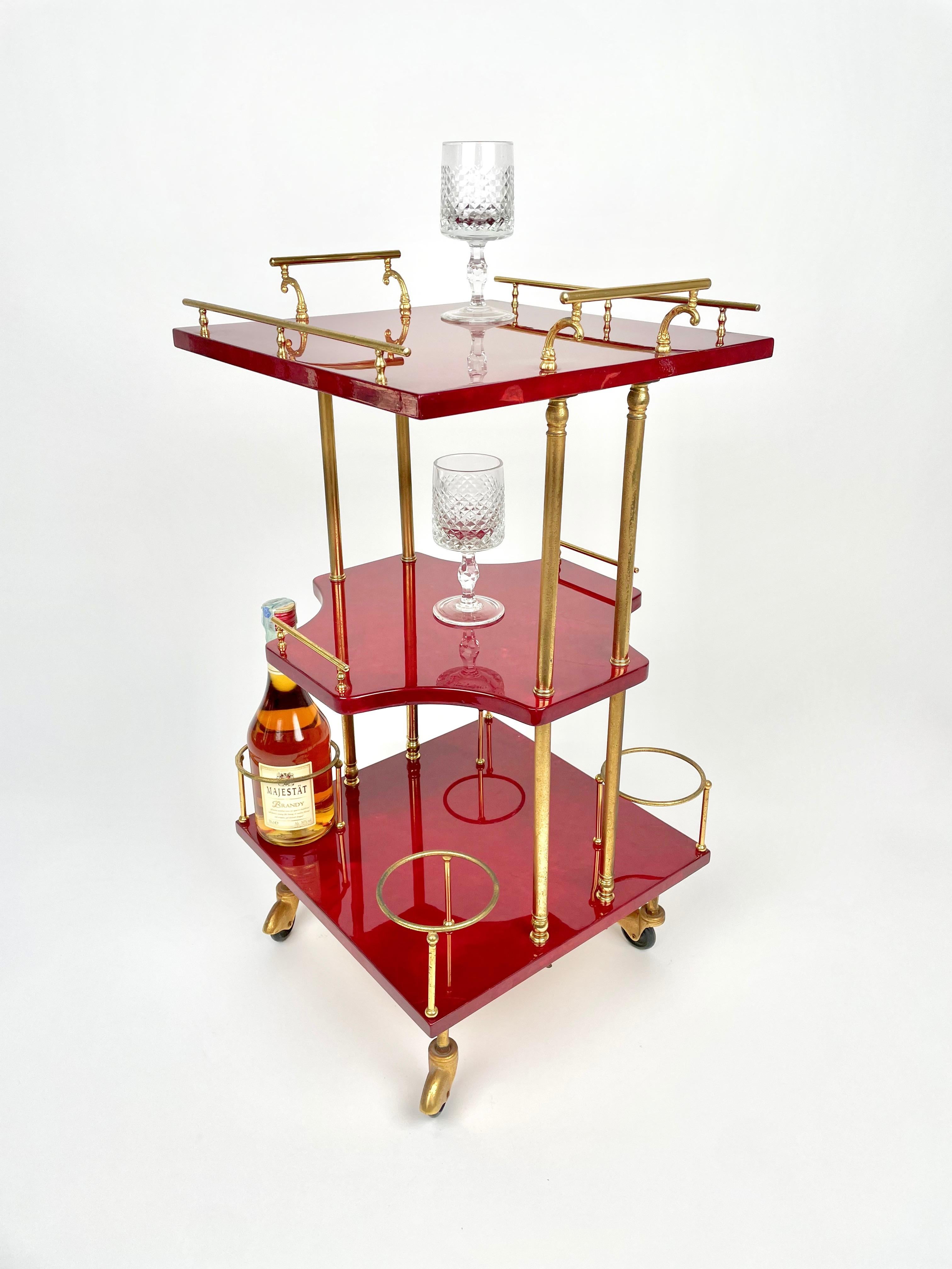 Serving Bar Cart Red Goatskin and Brass by Aldo Tura, Italy 1960s 1