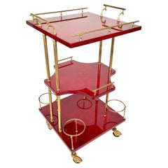 Serving Bar Cart Red Goatskin and Brass by Aldo Tura, Italy 1960s