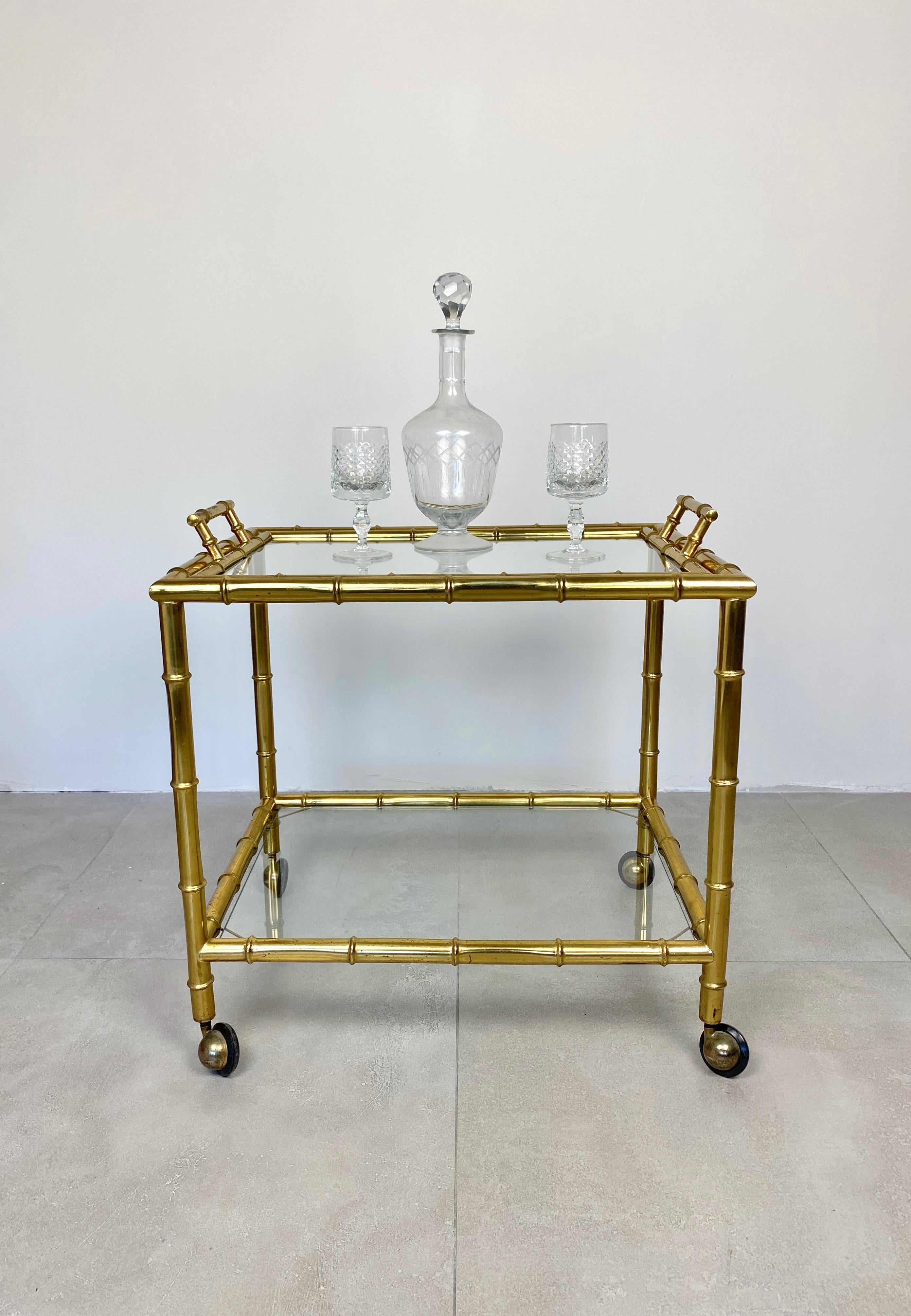 Serving Bar Cart Tray in Brass Faux Bamboo Effect and Glass, Italy, 1960s For Sale 2