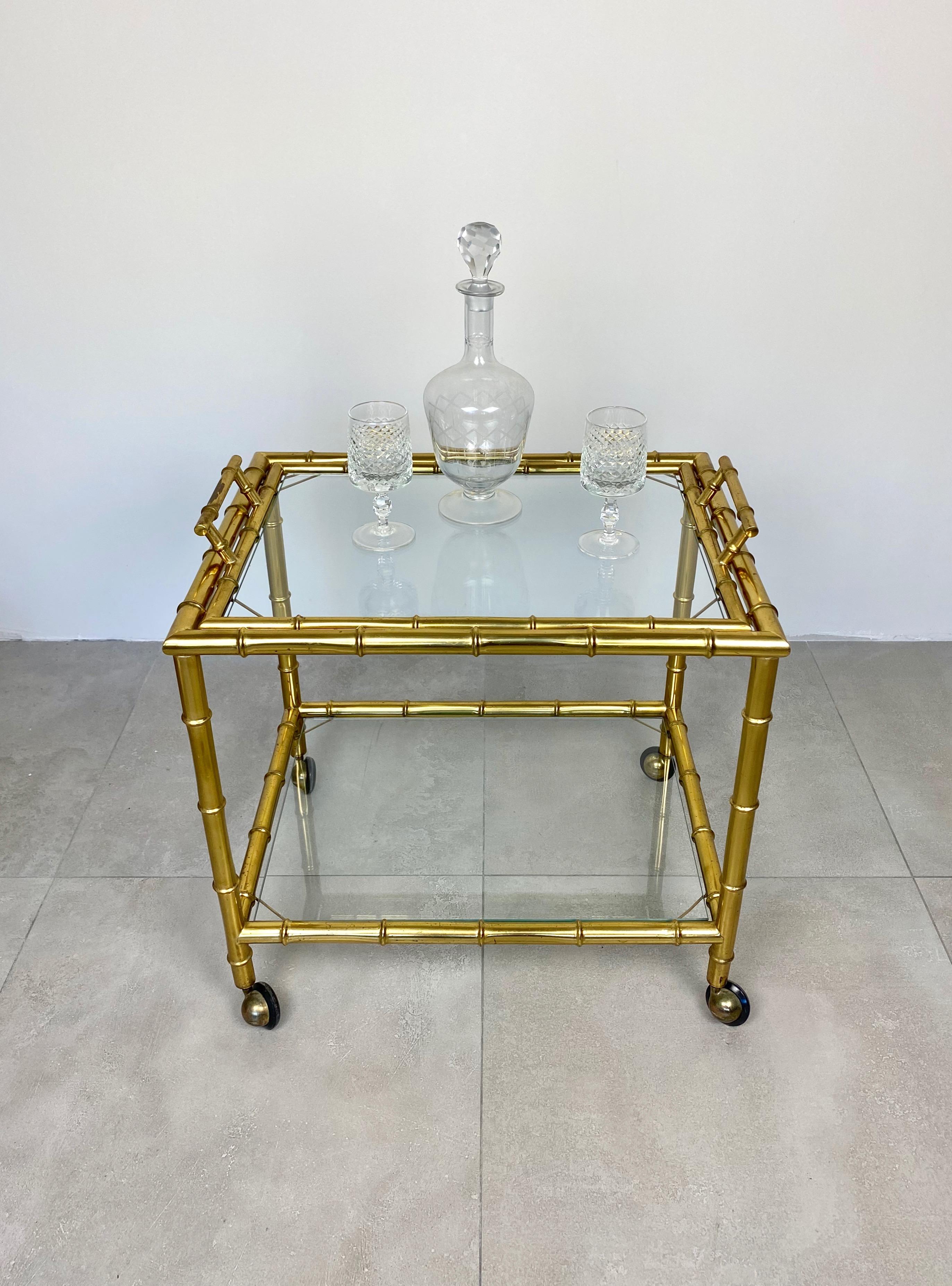 Serving Bar Cart Tray in Brass Faux Bamboo Effect and Glass, Italy, 1960s For Sale 3