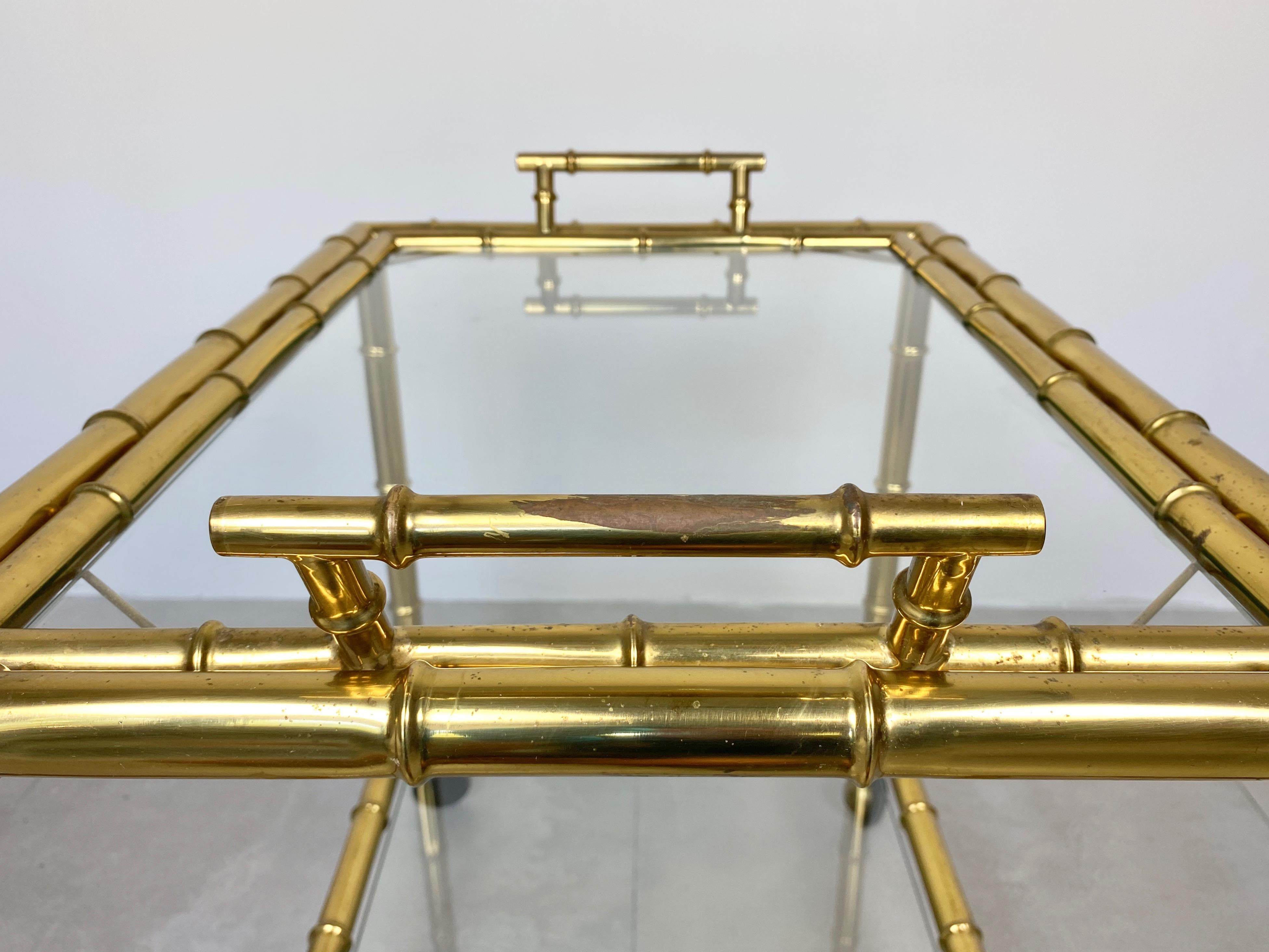 Serving Bar Cart Tray in Brass Faux Bamboo Effect and Glass, Italy, 1960s For Sale 6