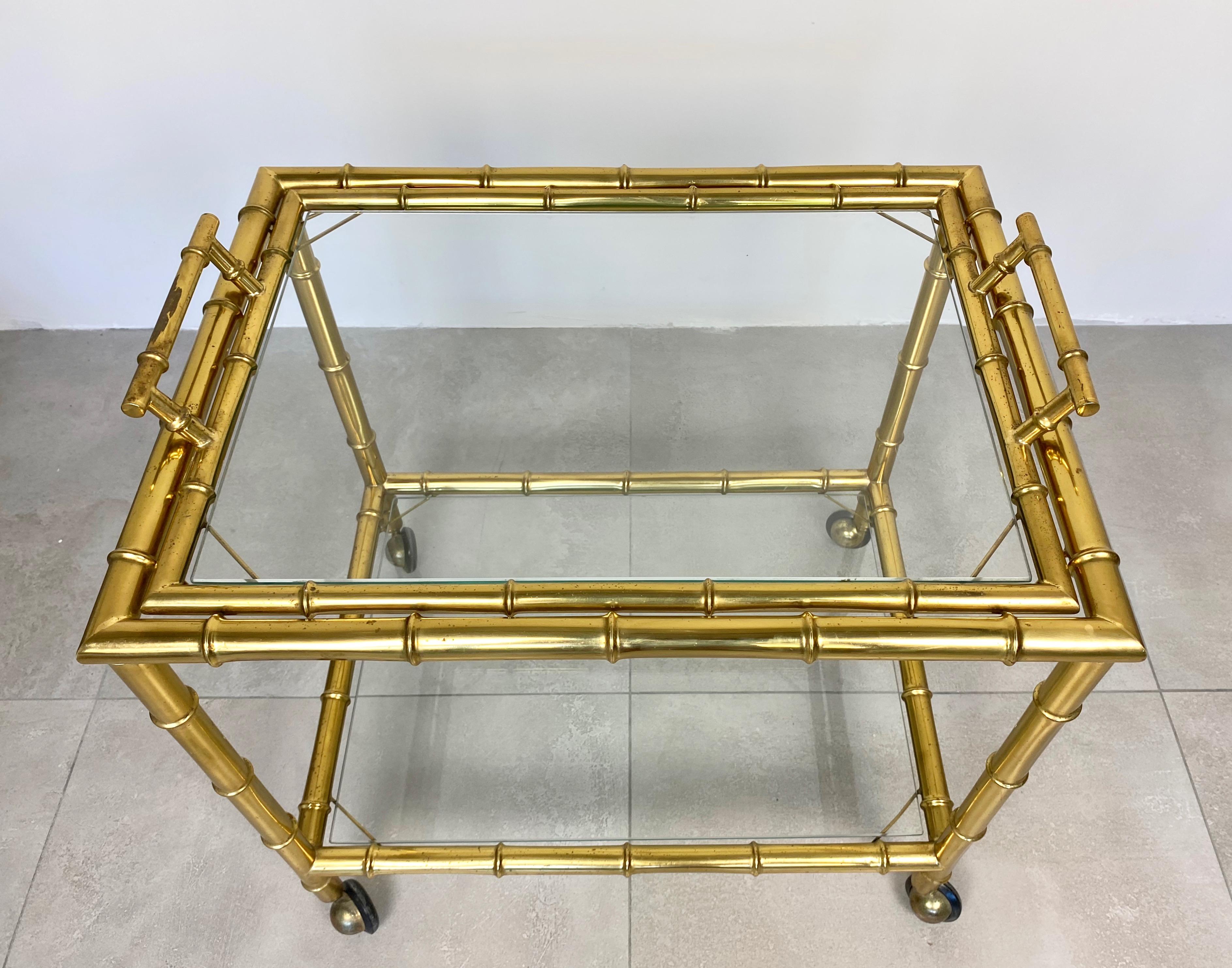 Serving Bar Cart Tray in Brass Faux Bamboo Effect and Glass, Italy, 1960s For Sale 8