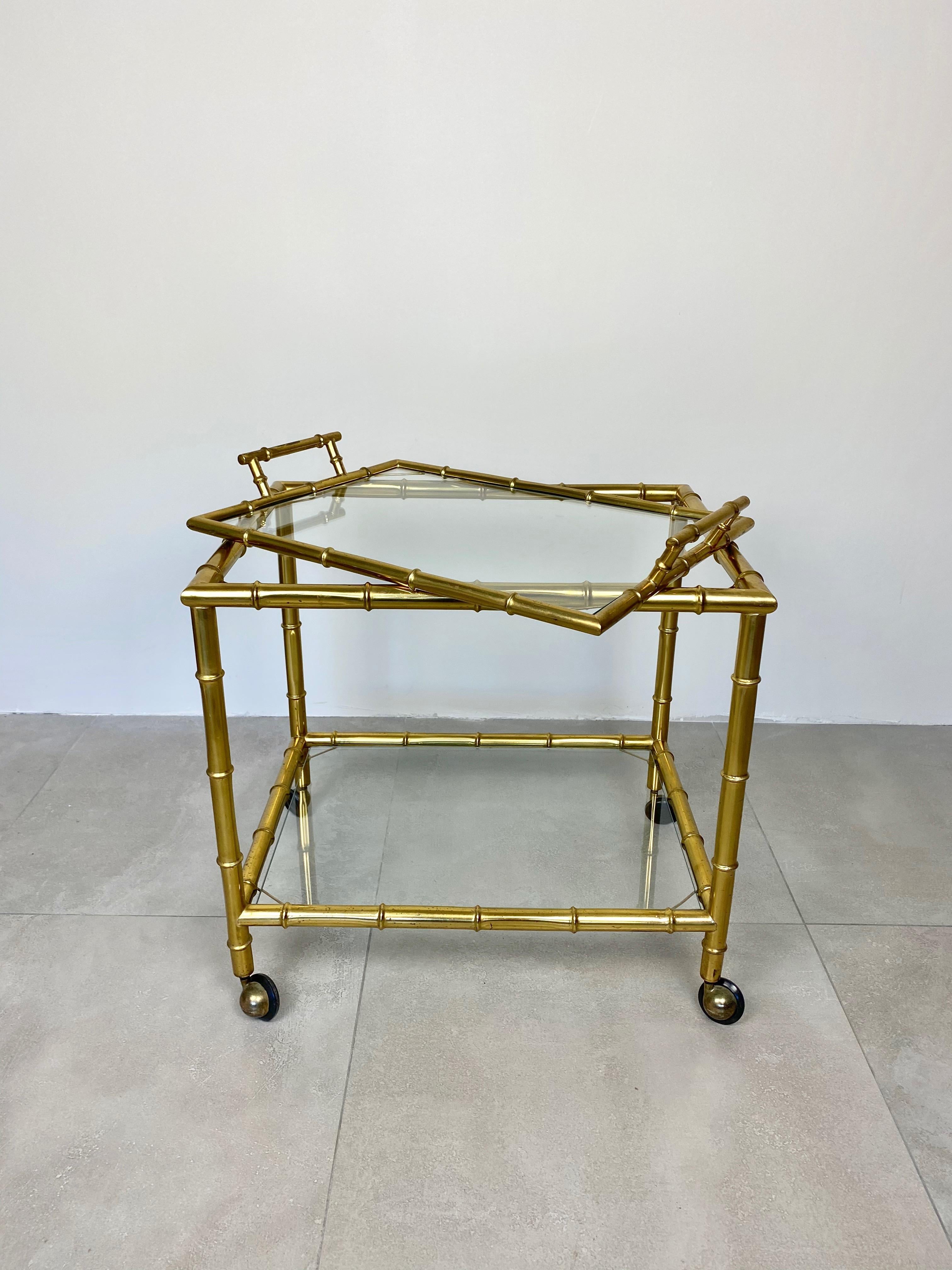 Italian Serving Bar Cart Tray in Brass Faux Bamboo Effect and Glass, Italy, 1960s For Sale