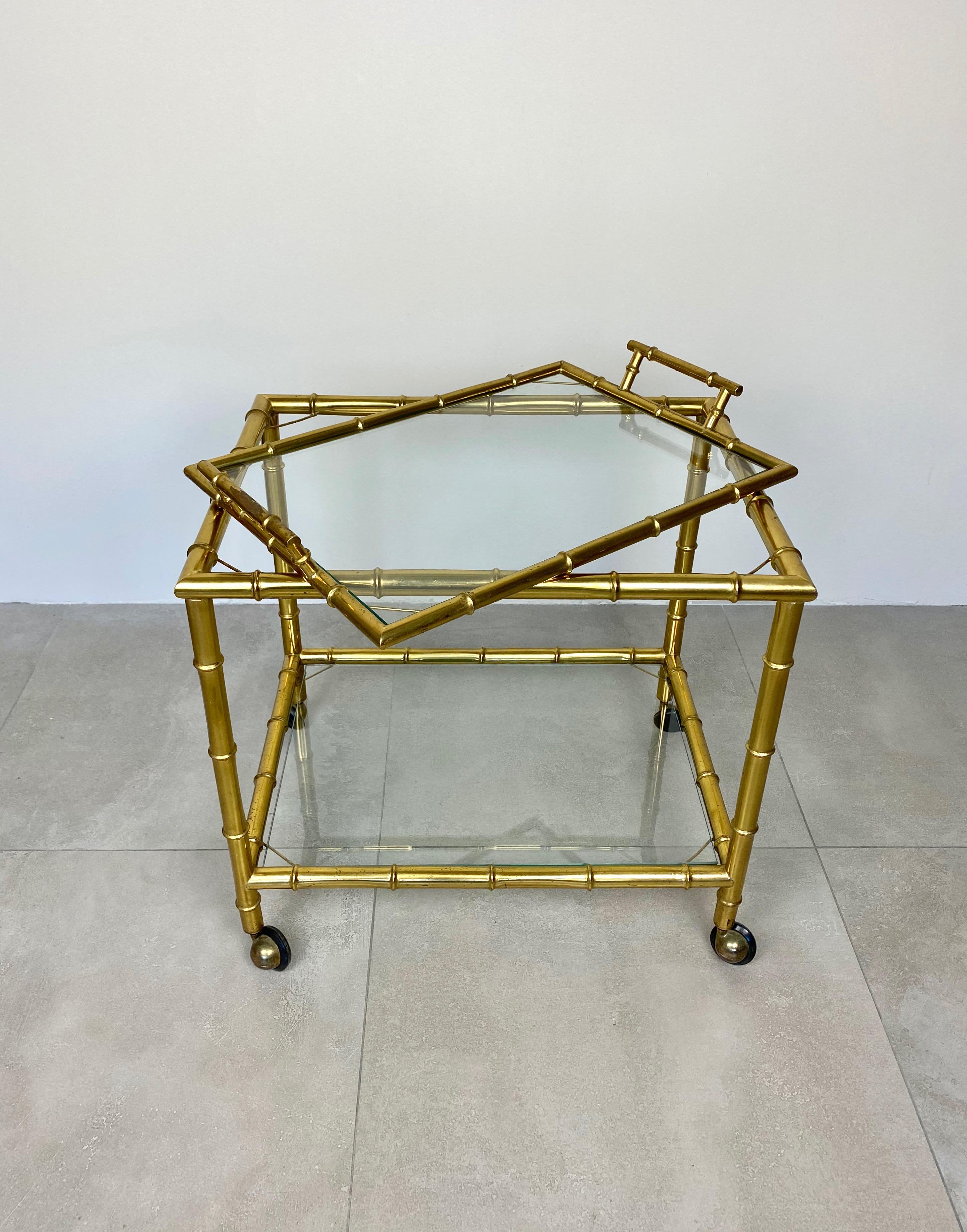 Serving Bar Cart Tray in Brass Faux Bamboo Effect and Glass, Italy, 1960s In Good Condition For Sale In Rome, IT