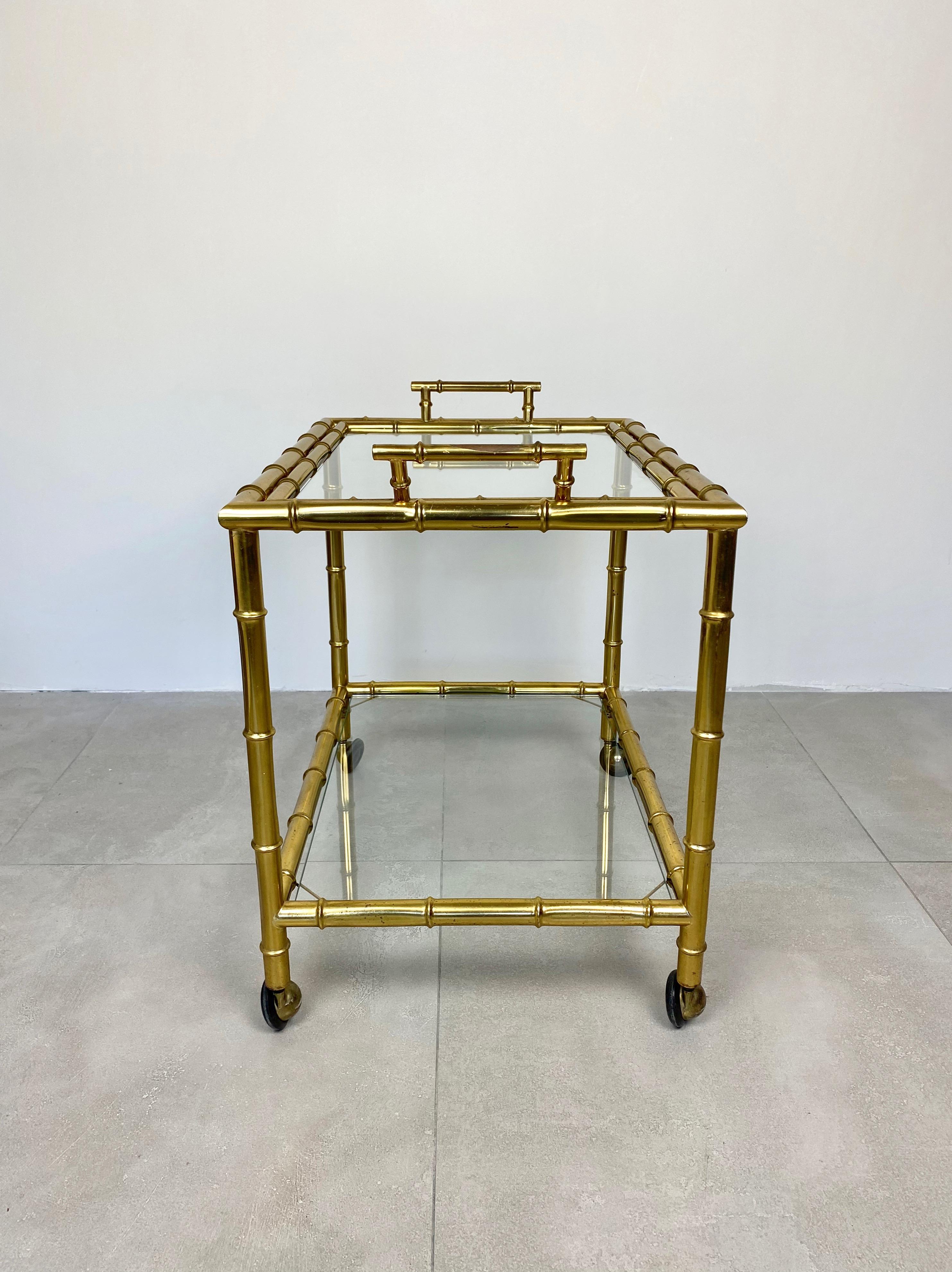 Metal Serving Bar Cart Tray in Brass Faux Bamboo Effect and Glass, Italy, 1960s For Sale