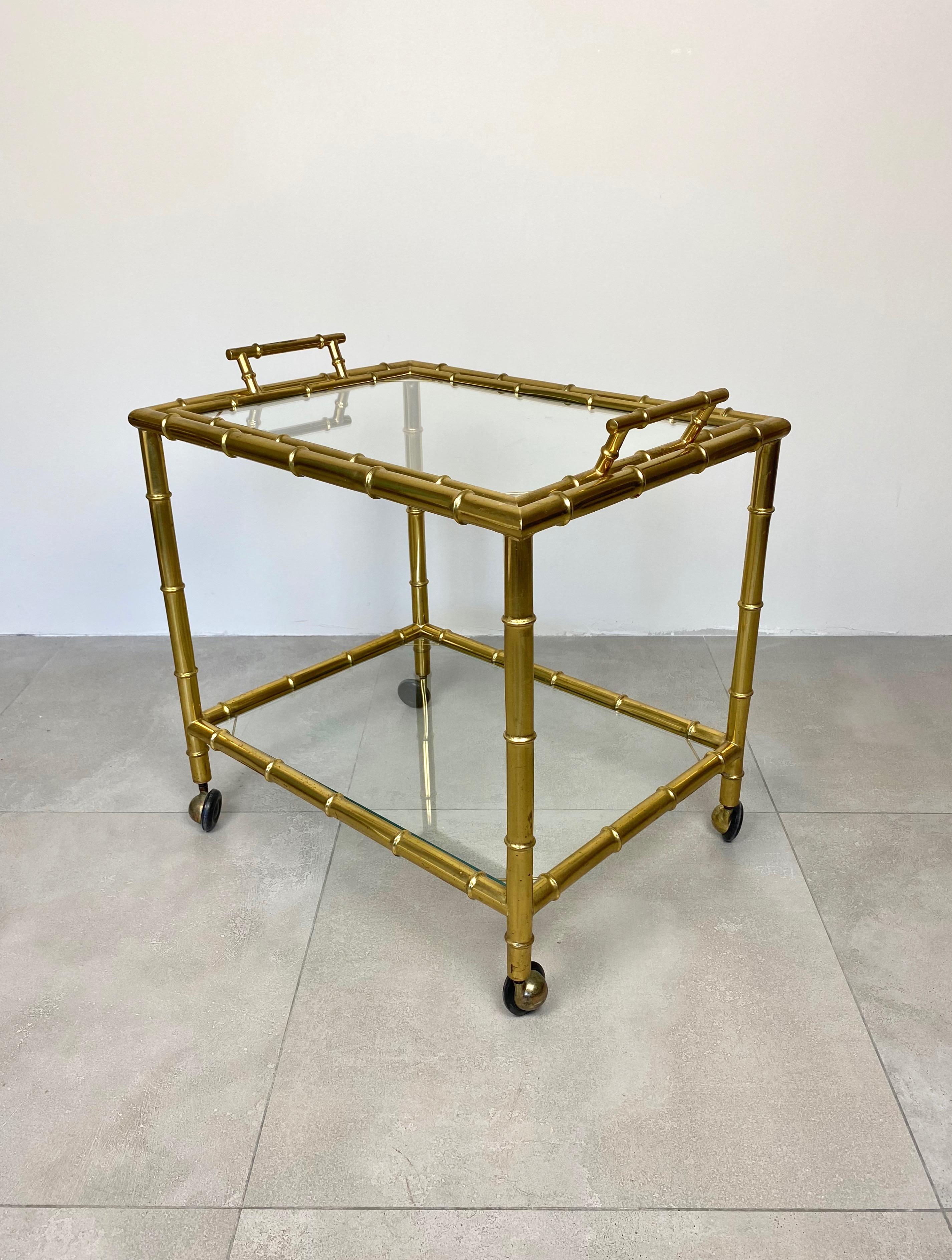 Serving Bar Cart Tray in Brass Faux Bamboo Effect and Glass, Italy, 1960s For Sale 1