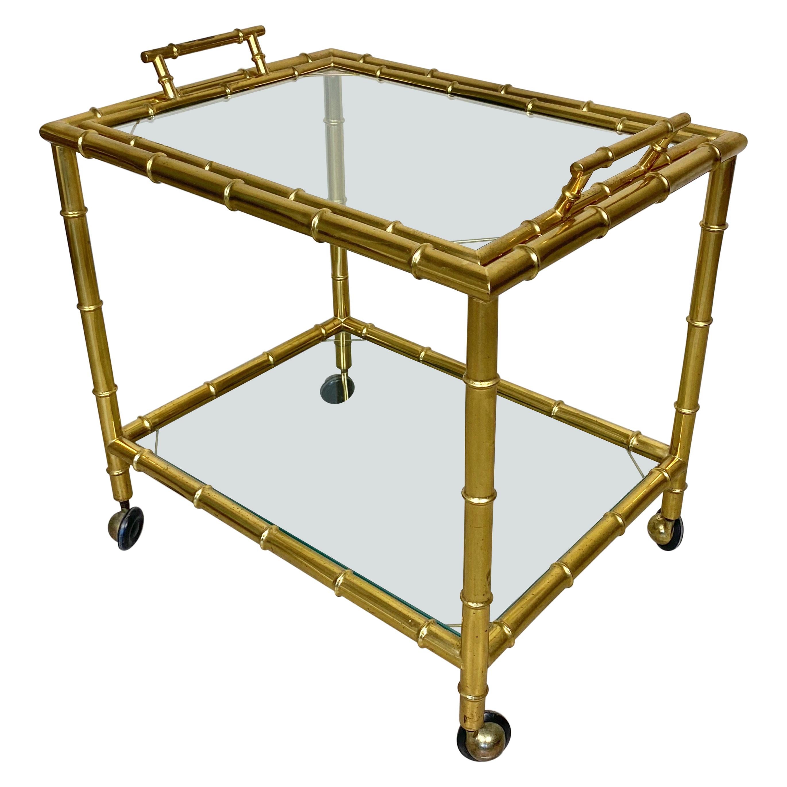 Serving Bar Cart Tray in Brass Faux Bamboo Effect and Glass, Italy, 1960s