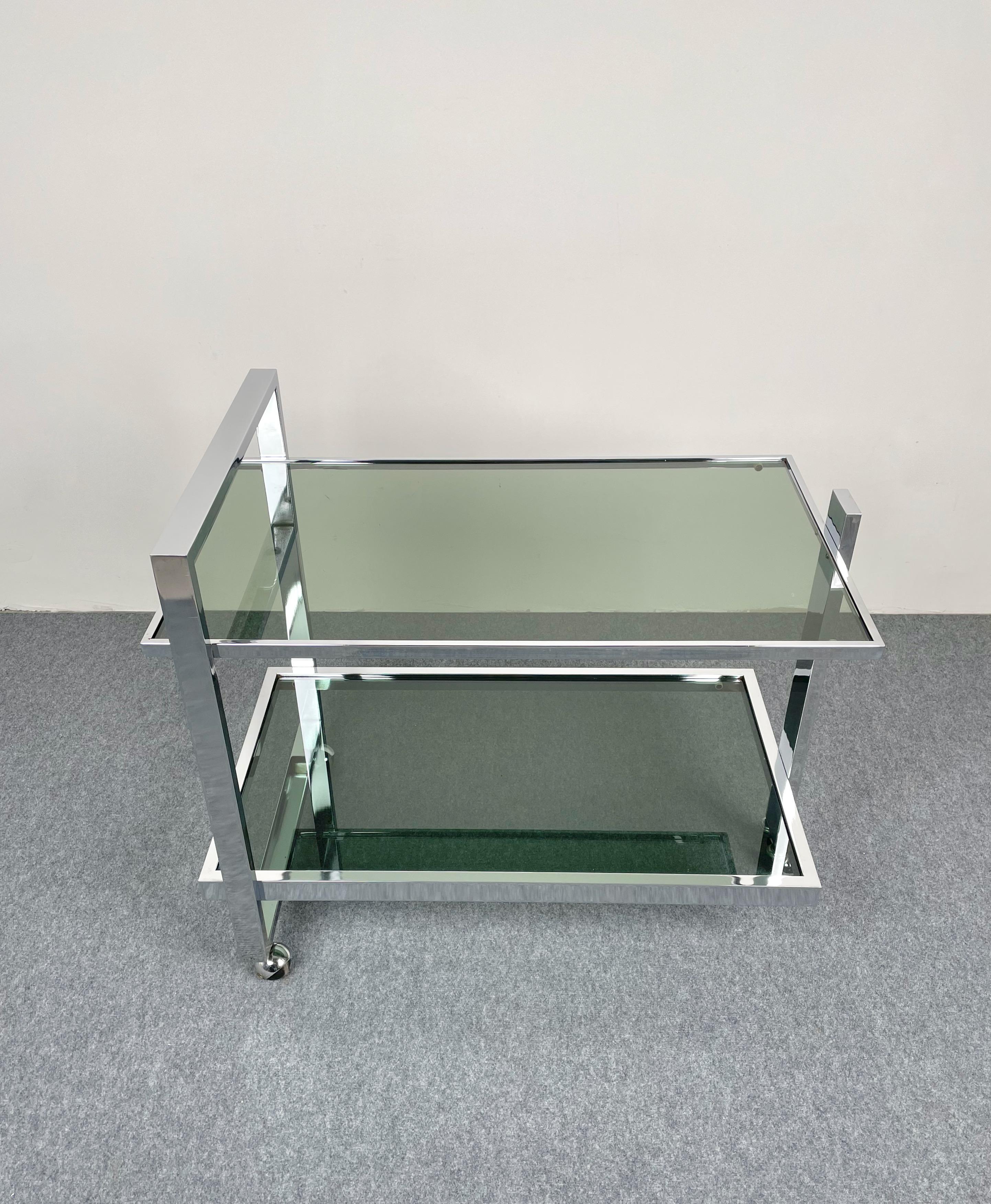 Italian Serving Bar Cart Trolley Chrome and Smoked Glass Romeo Rega Style, Italy, 1970s For Sale