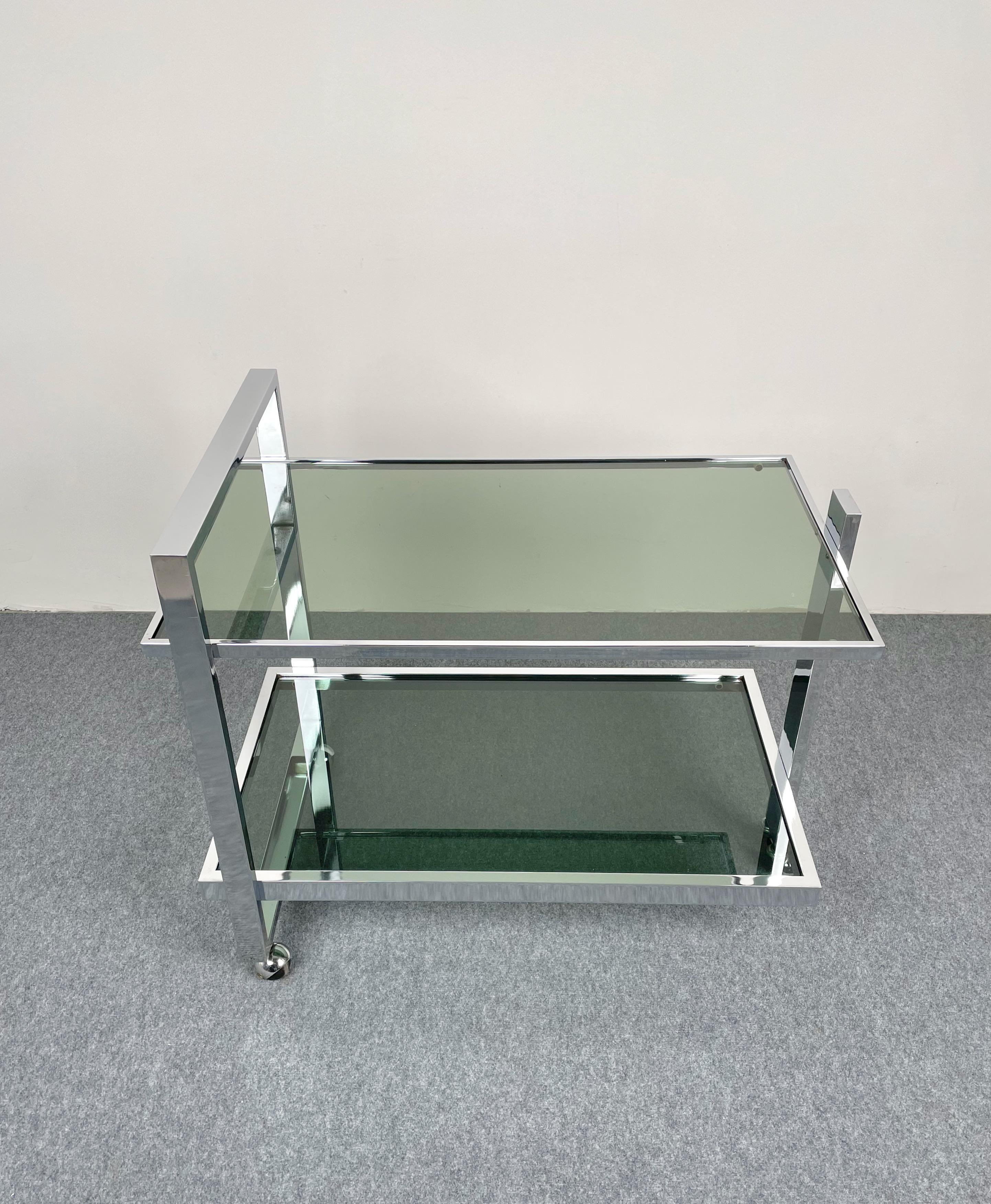 Italian Serving Bar Cart Trolley Chrome and Smoked Glass Romeo Rega Style, Italy, 1970s