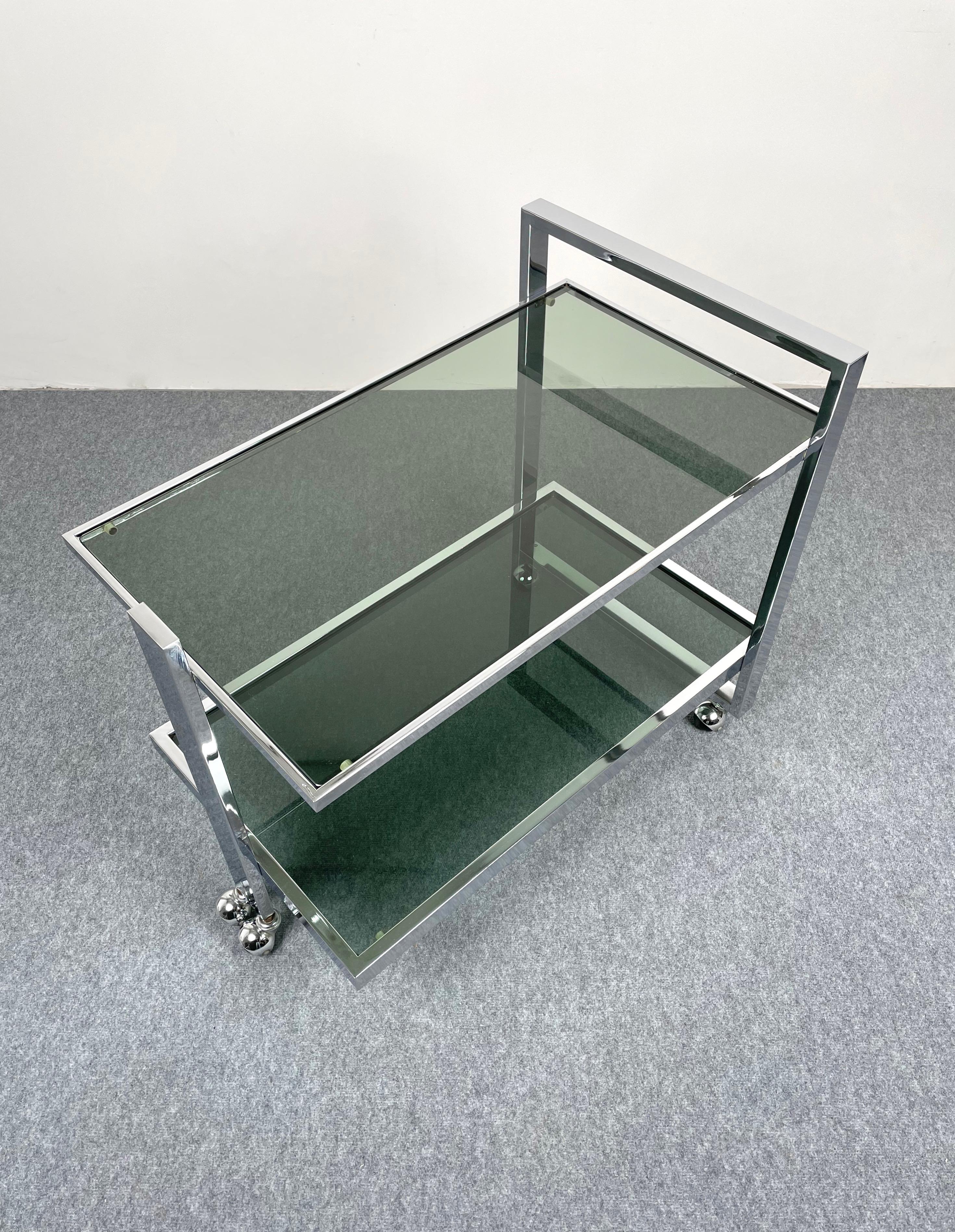Metal Serving Bar Cart Trolley Chrome and Smoked Glass Romeo Rega Style, Italy, 1970s For Sale