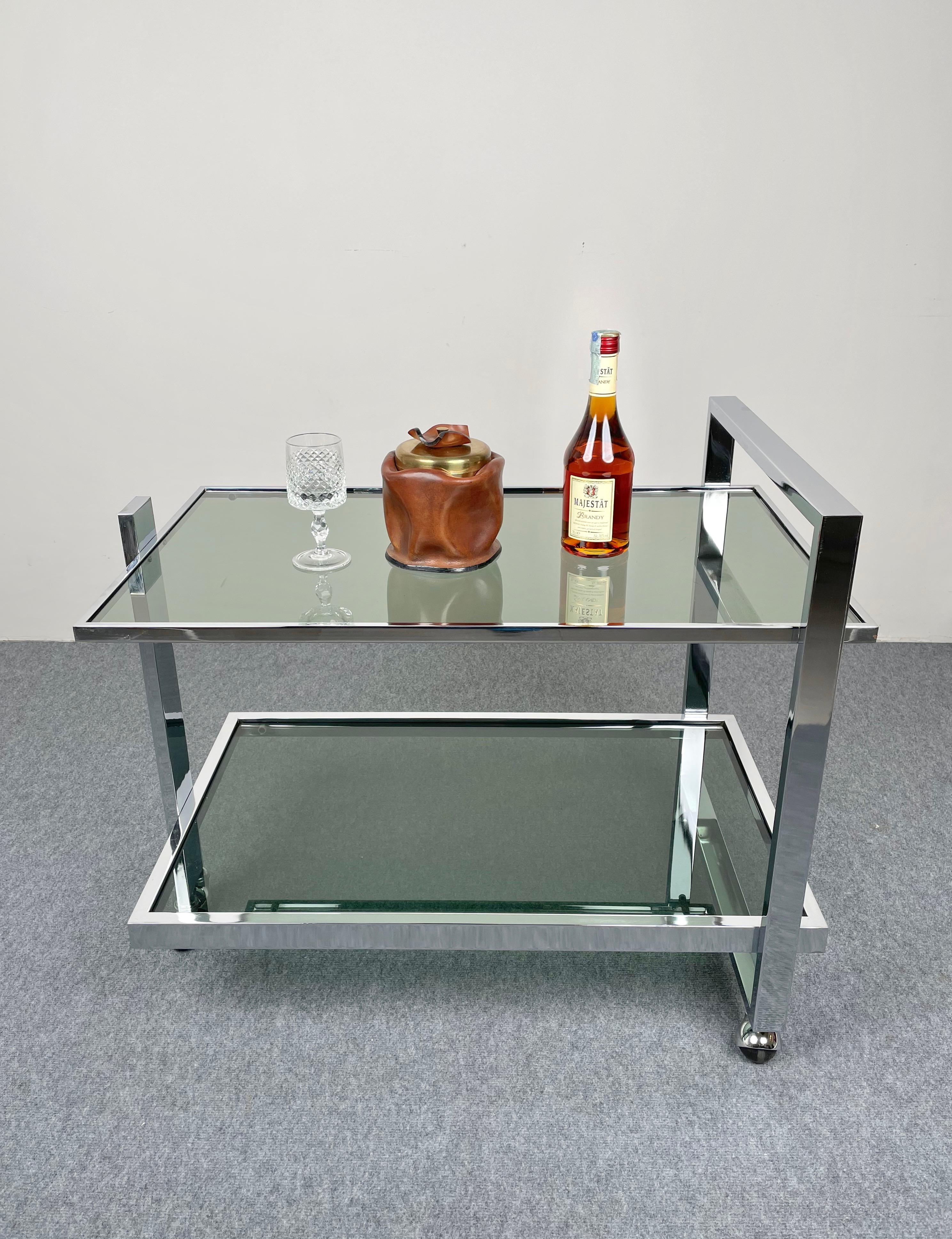 Serving Bar Cart Trolley Chrome and Smoked Glass Romeo Rega Style, Italy, 1970s For Sale 1