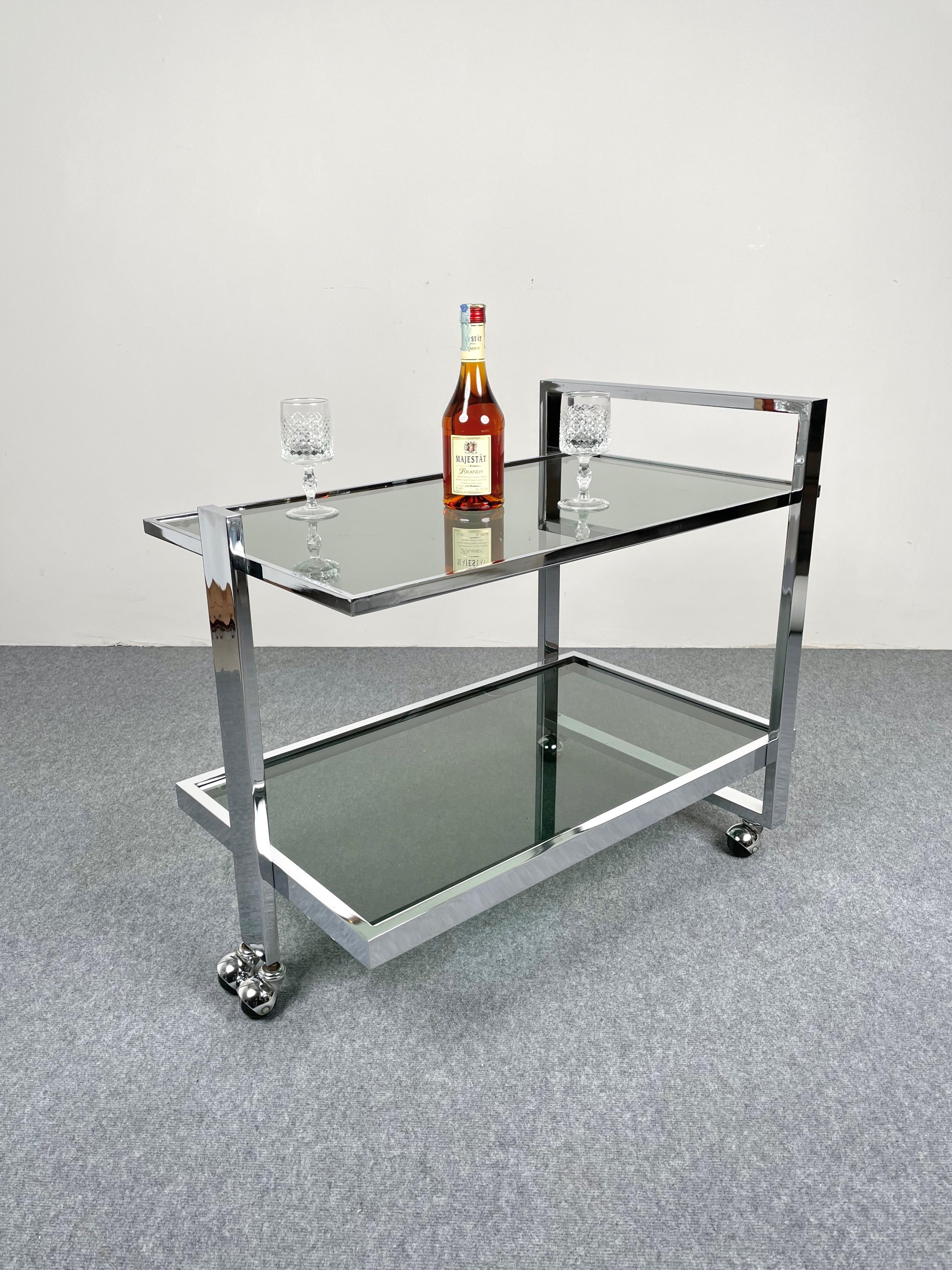 Serving Bar Cart Trolley Chrome and Smoked Glass Romeo Rega Style, Italy, 1970s For Sale 2