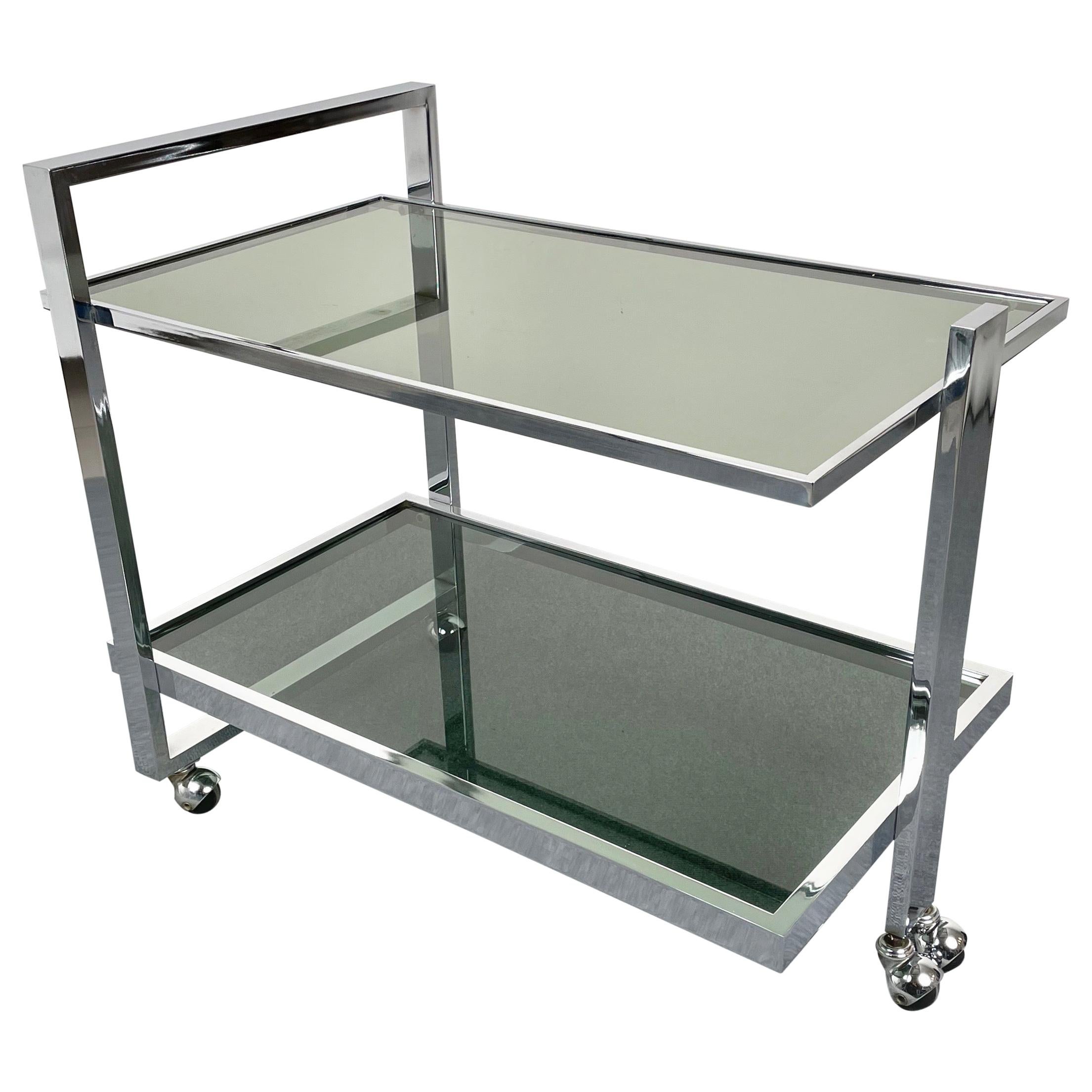 Serving Bar Cart Trolley Chrome and Smoked Glass Romeo Rega Style, Italy, 1970s