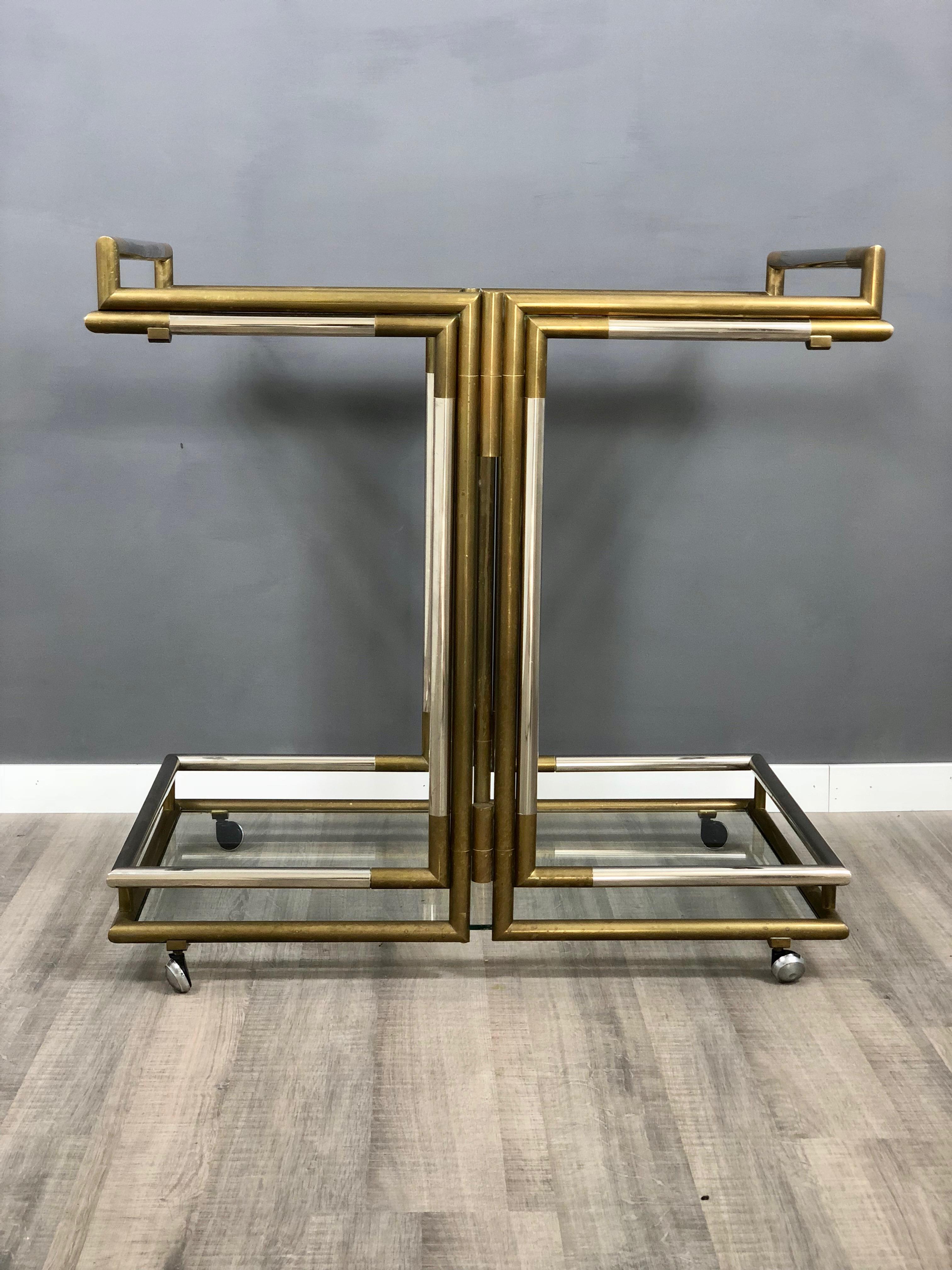 Italian Serving Bar Cart Trolley in Brass and Chrome Hollywood Regency Style, 1970s