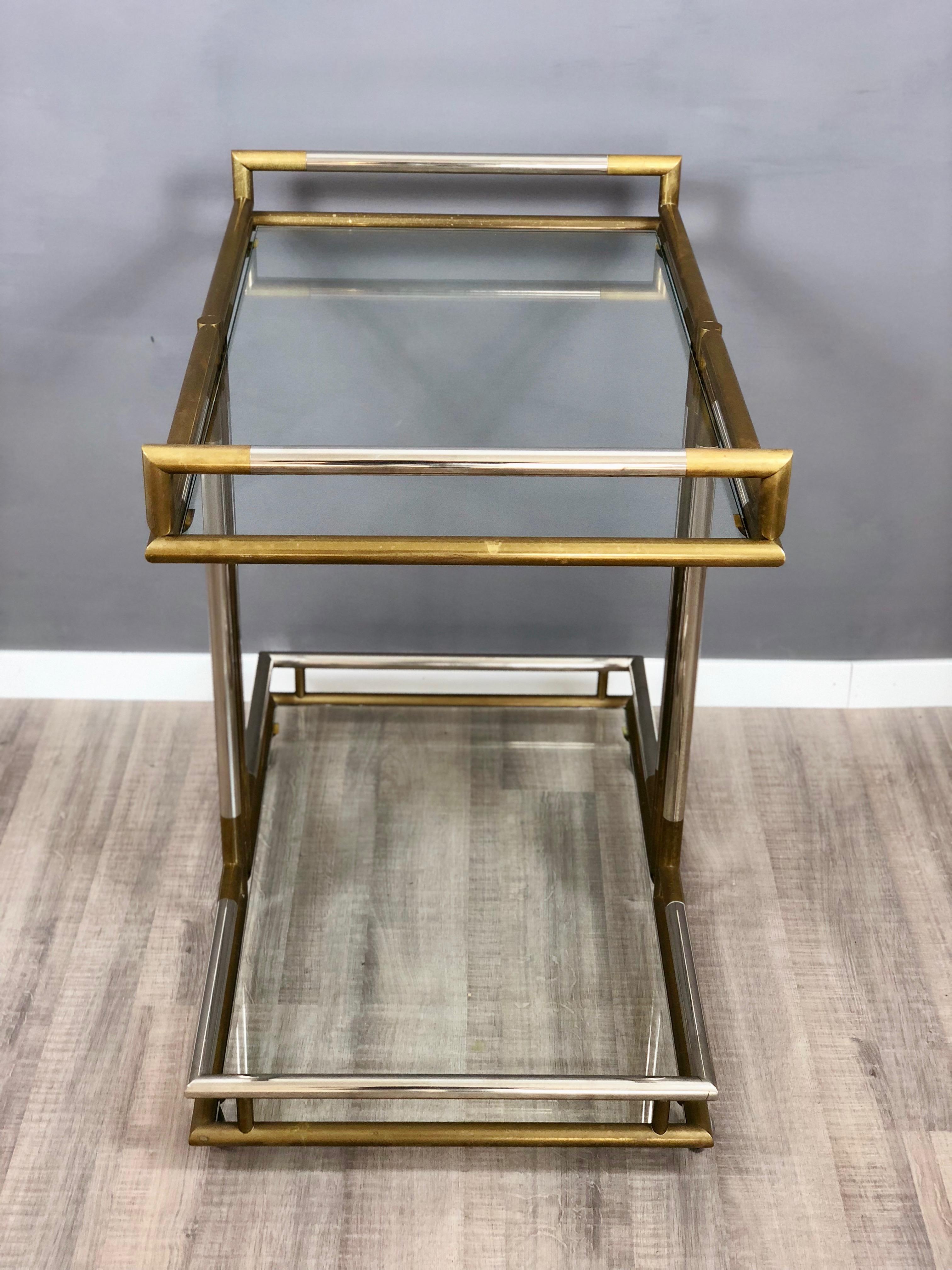 Serving Bar Cart Trolley in Brass and Chrome Hollywood Regency Style, 1970s 1