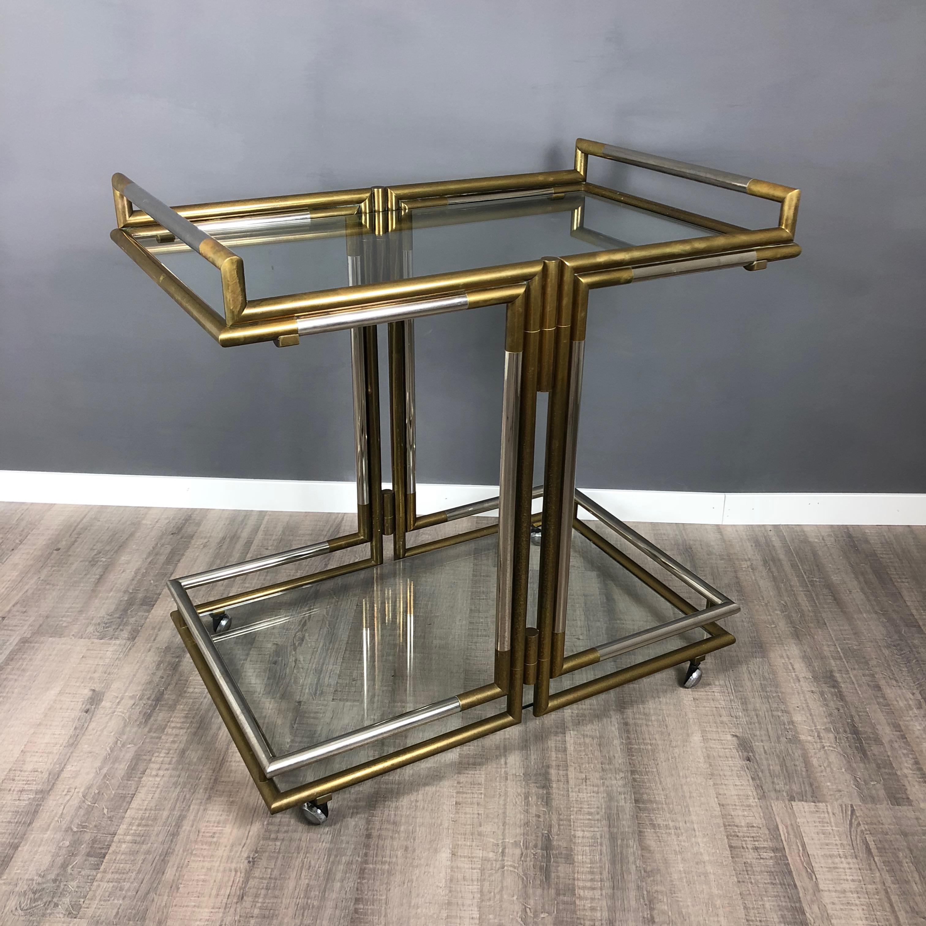 Serving Bar Cart Trolley in Brass and Chrome Hollywood Regency Style, 1970s 2