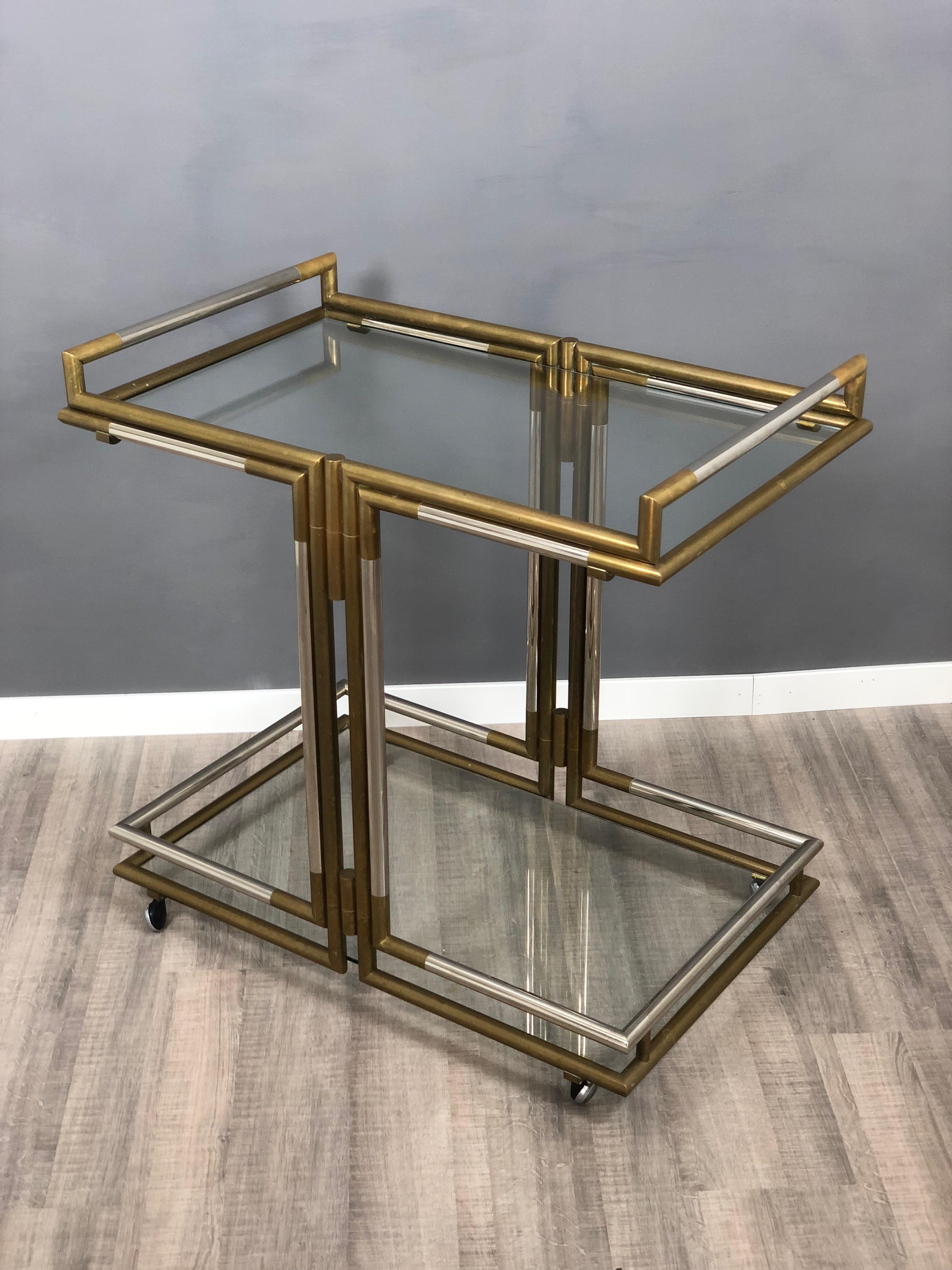 Serving Bar Cart Trolley in Brass and Chrome Hollywood Regency Style, 1970s 3