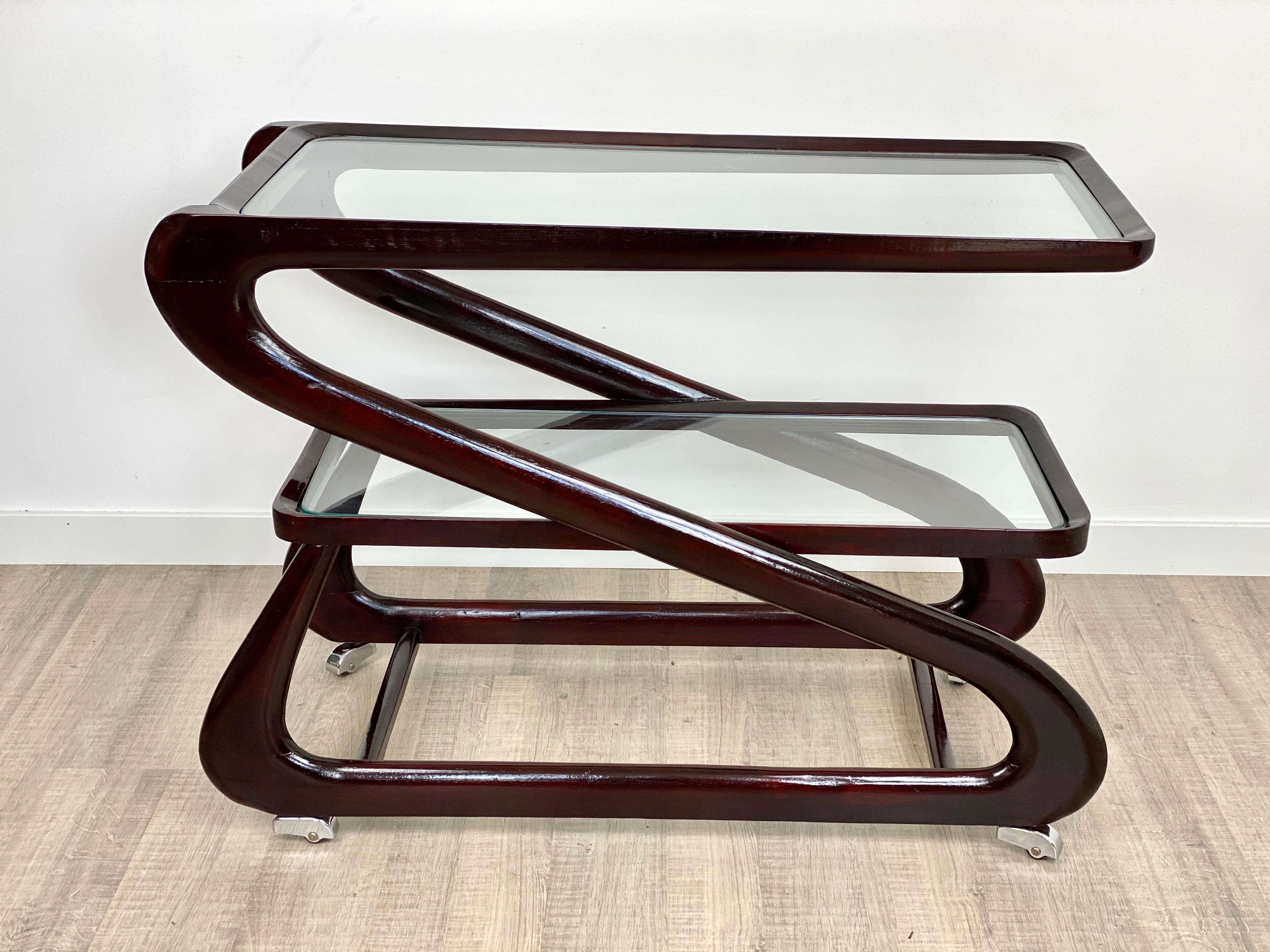 Mid-Century Modern Serving Bar Cart Trolley in Mahogany and Glass by Cesare Lacca, Italy, 1950s