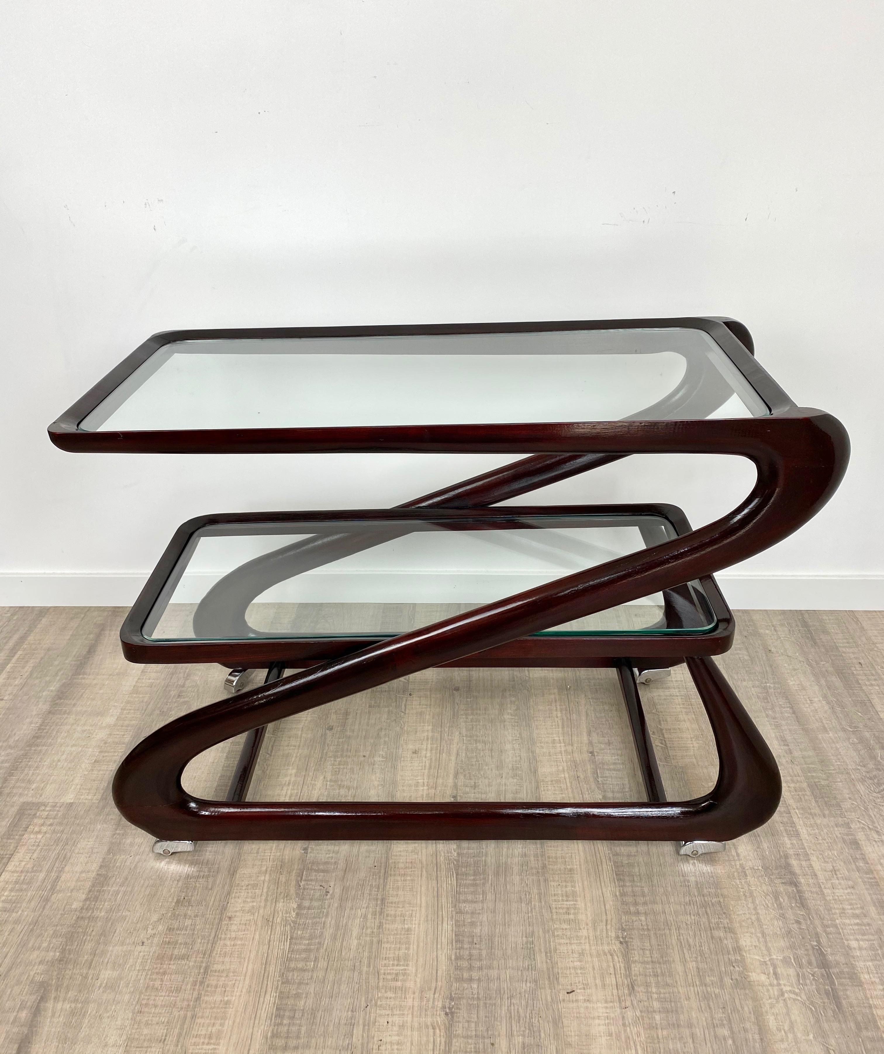 Italian Serving Bar Cart Trolley in Mahogany and Glass by Cesare Lacca, Italy, 1950s