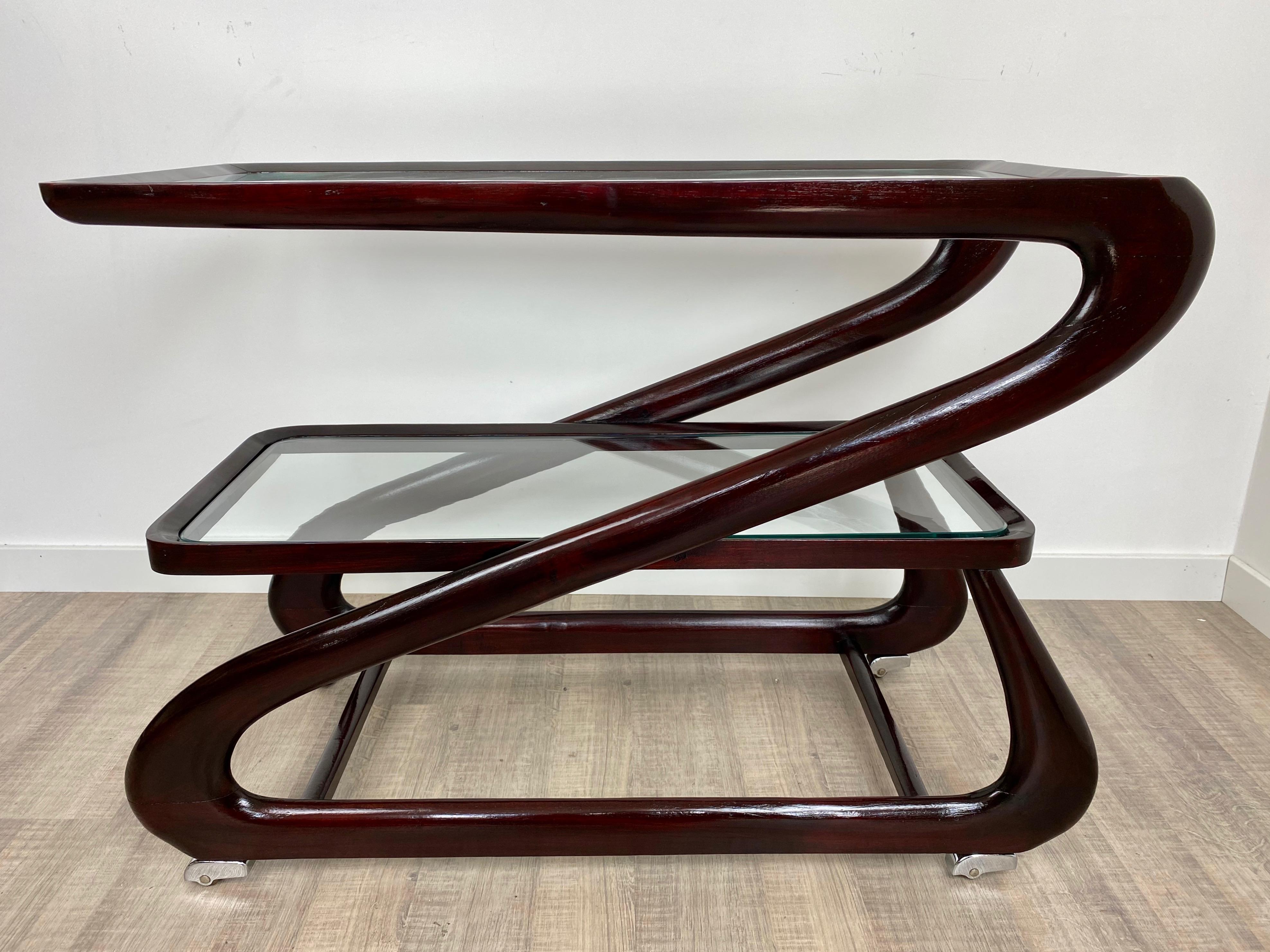 Serving Bar Cart Trolley in Mahogany and Glass by Cesare Lacca, Italy, 1950s In Good Condition In Rome, IT