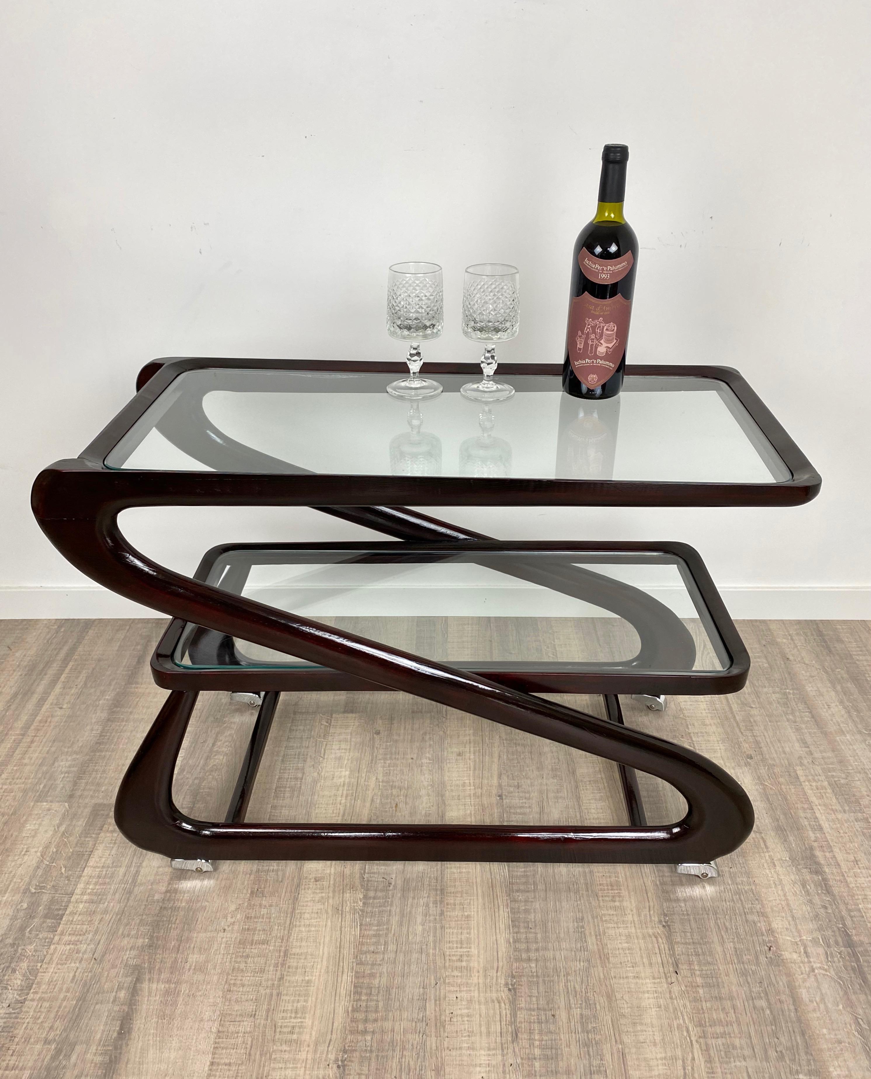 Mid-20th Century Serving Bar Cart Trolley in Mahogany and Glass by Cesare Lacca, Italy, 1950s