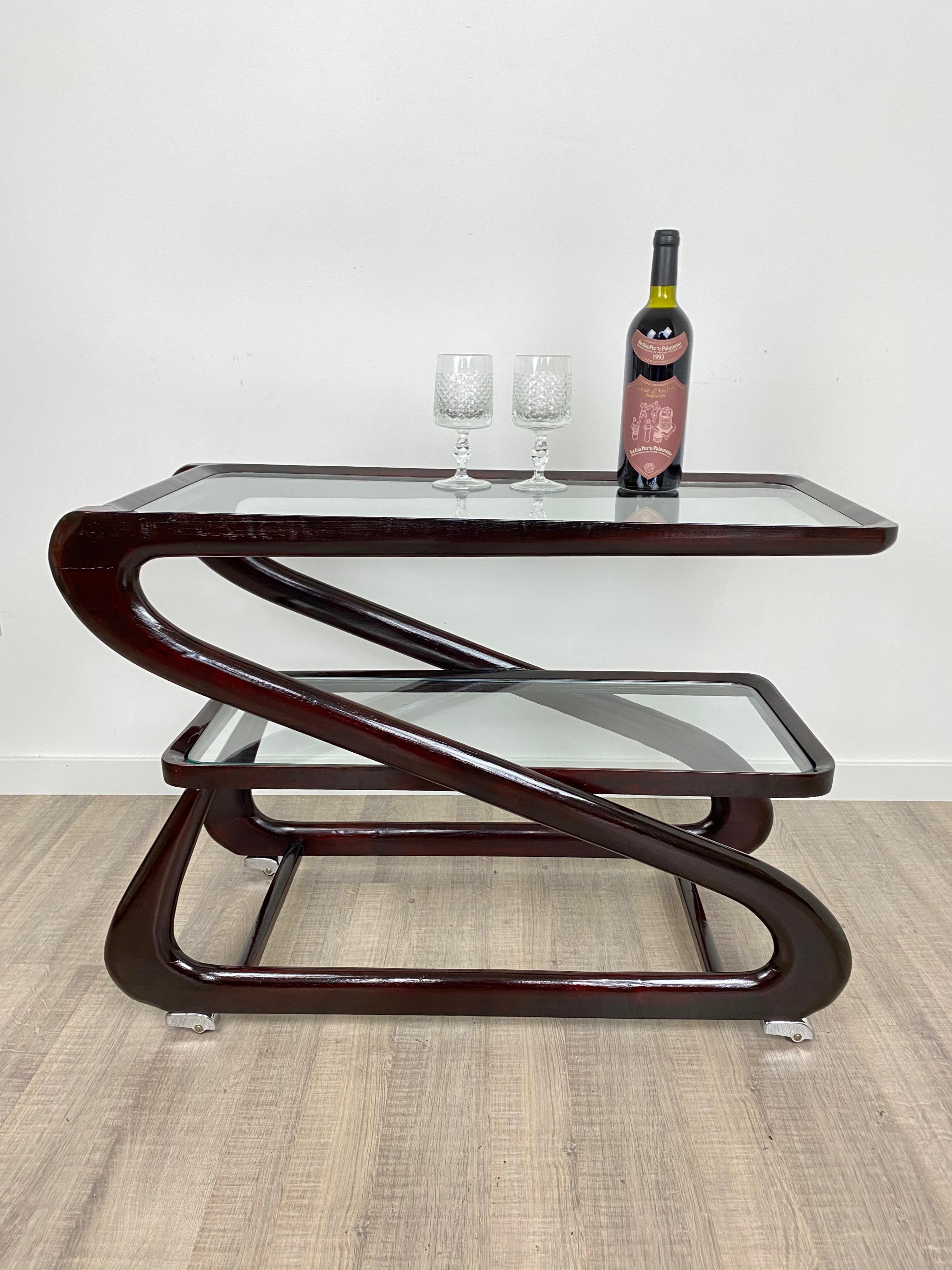 Serving Bar Cart Trolley in Mahogany and Glass by Cesare Lacca, Italy, 1950s 1