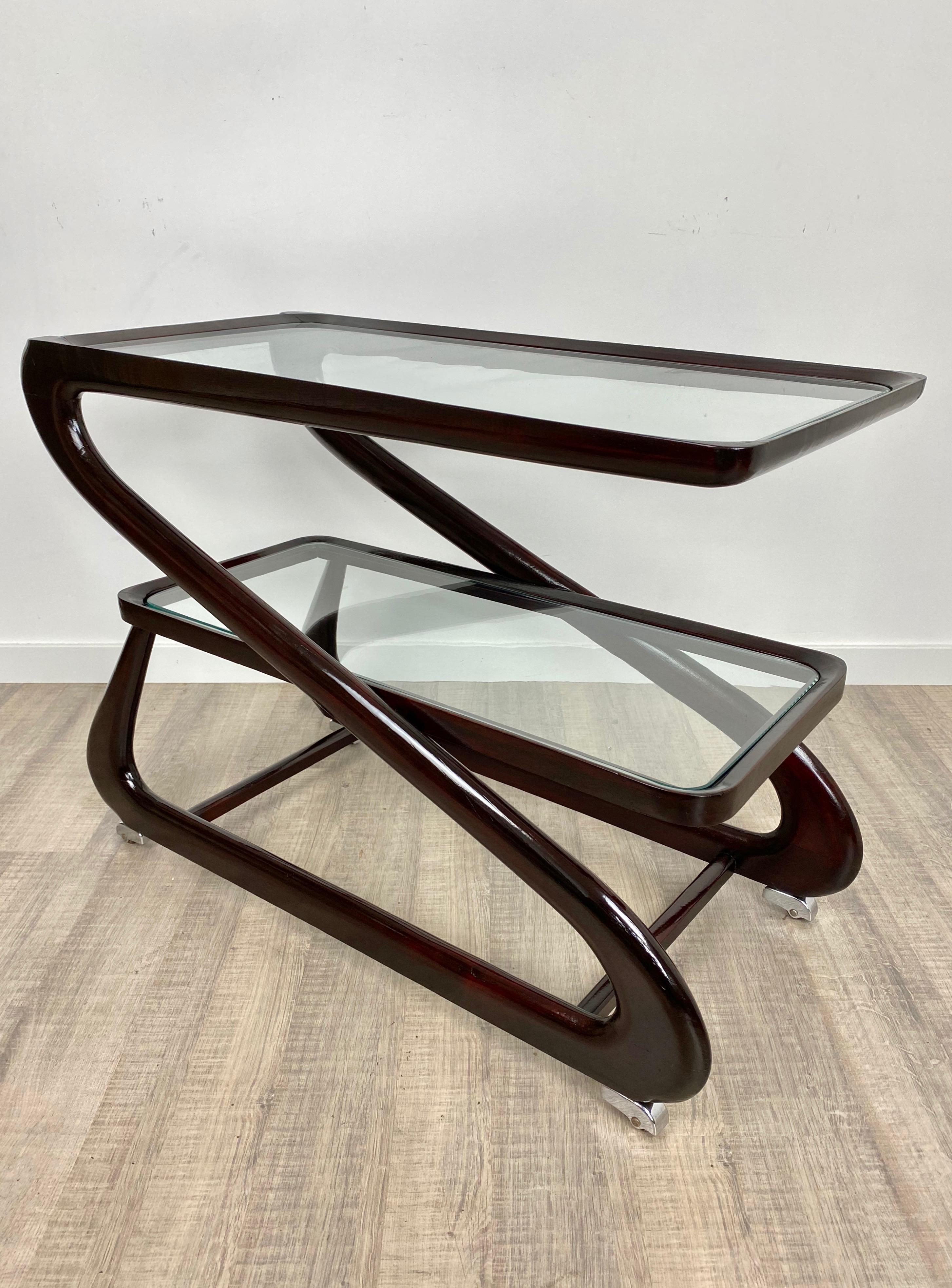 Serving Bar Cart Trolley in Mahogany and Glass by Cesare Lacca, Italy, 1950s 2