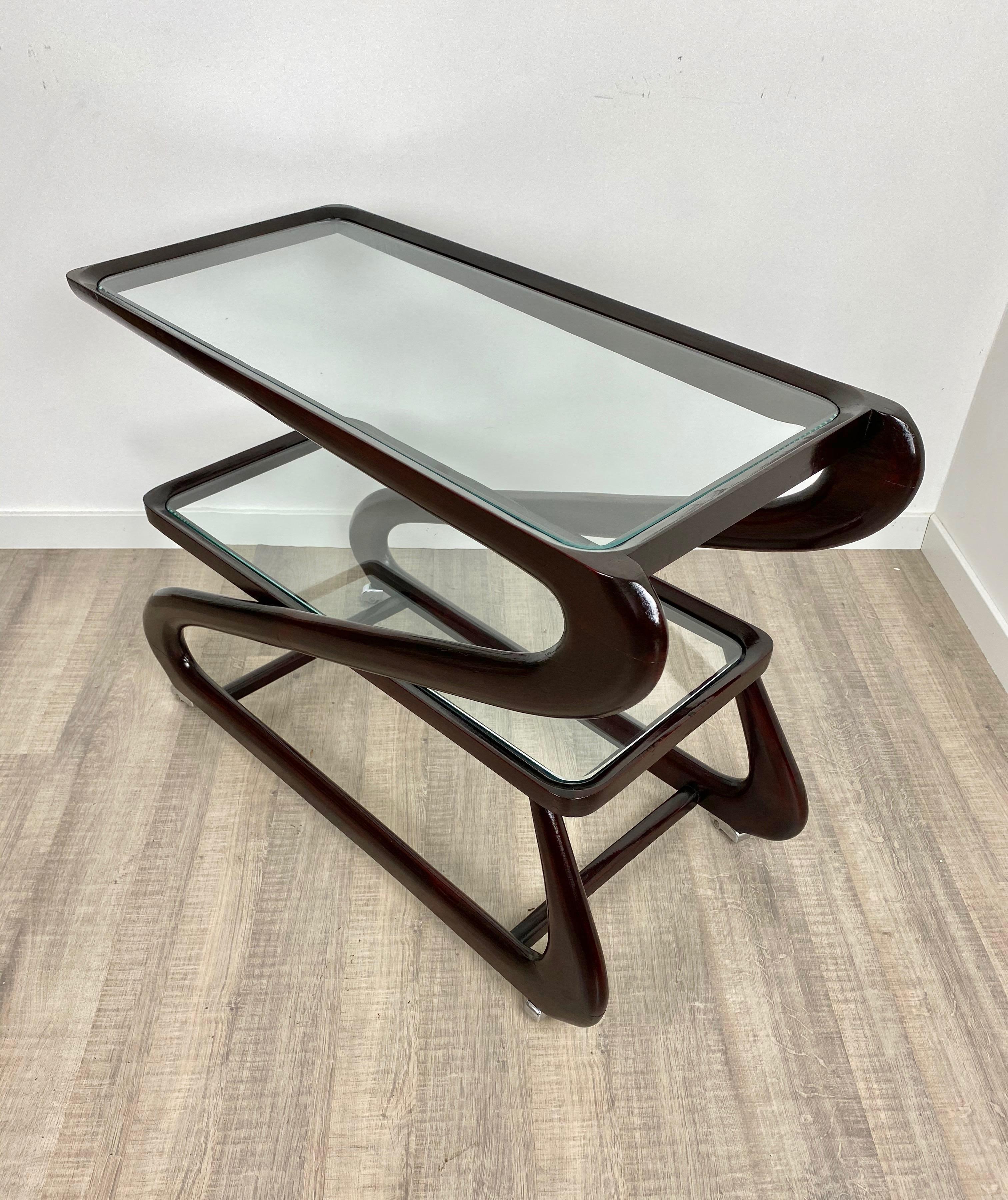 Serving Bar Cart Trolley in Mahogany and Glass by Cesare Lacca, Italy, 1950s 3