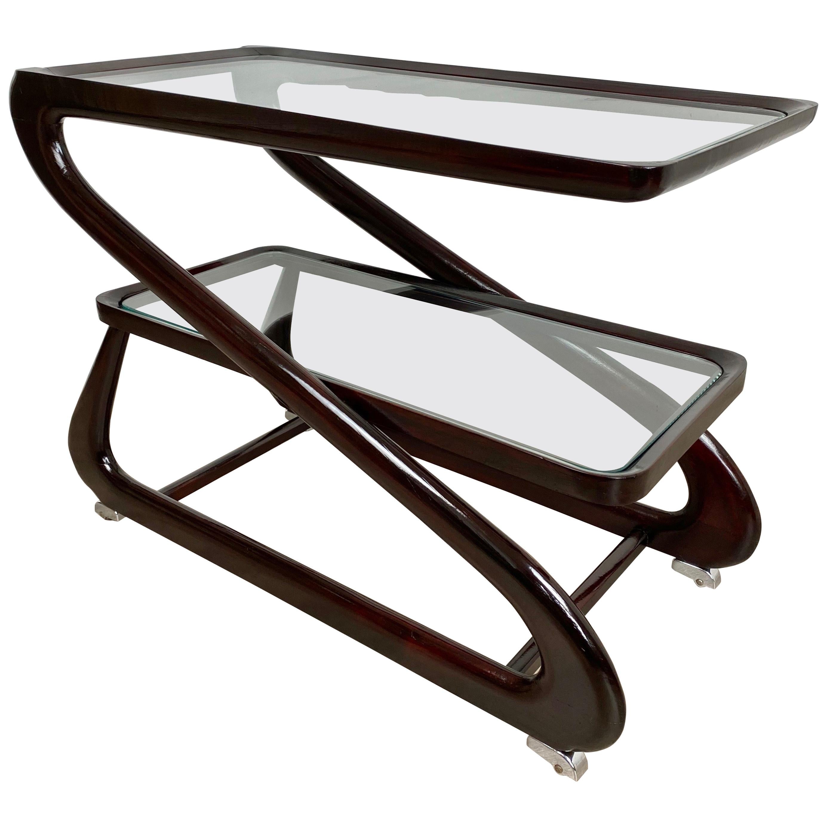 Serving Bar Cart Trolley in Mahogany and Glass by Cesare Lacca, Italy, 1950s