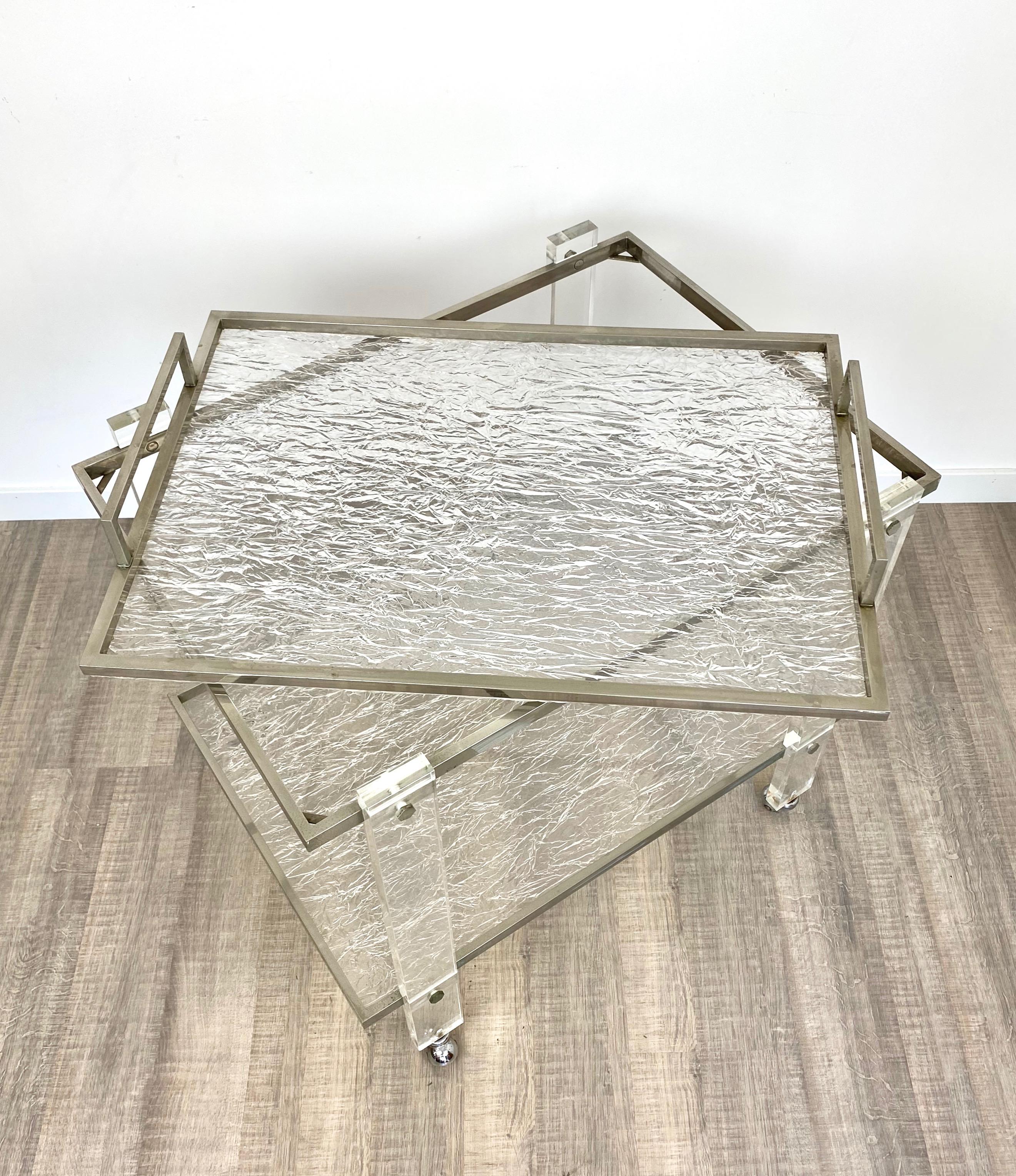 Serving Cart and Tray Nickel and Lucite Ice Effect Willy Rizzo, Italy, 1970s For Sale 3