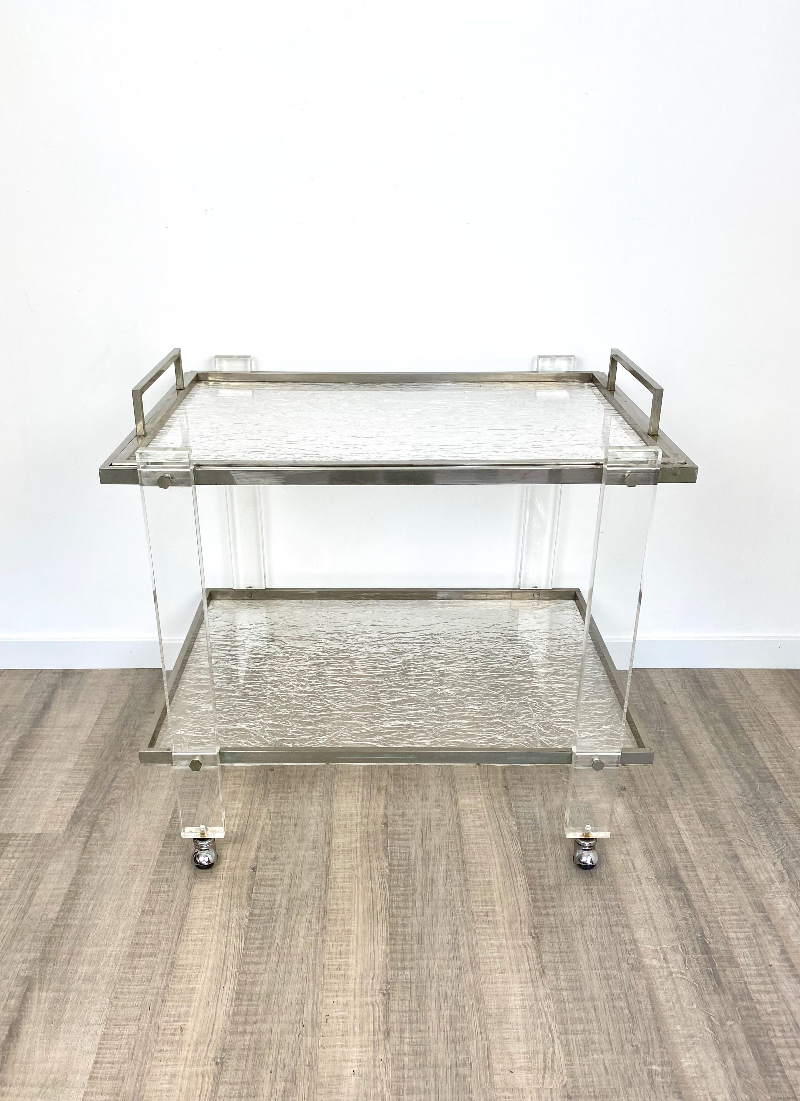 Serving Cart and Tray Nickel and Lucite Ice Effect Willy Rizzo, Italy, 1970s For Sale 4