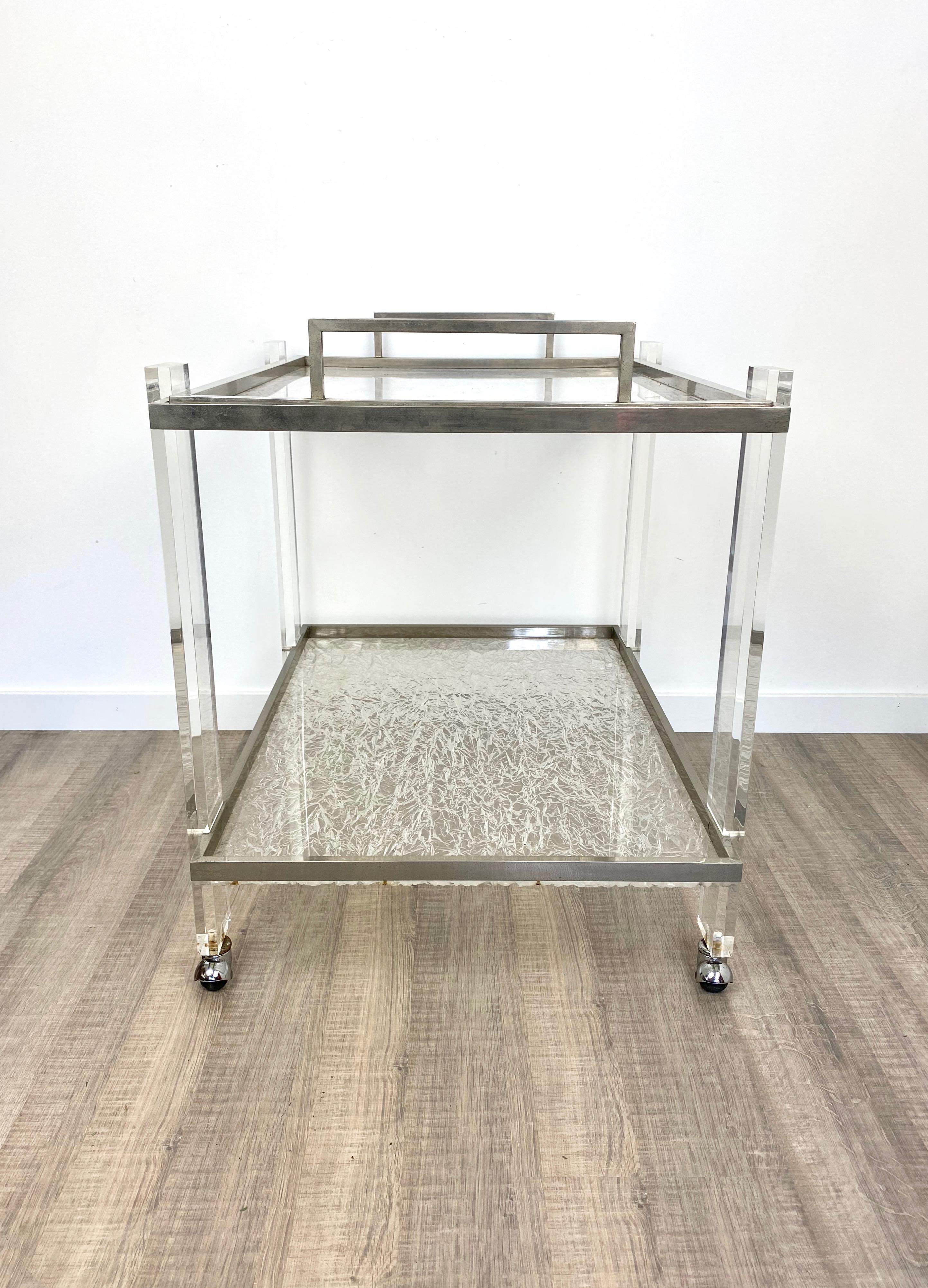 Serving Cart and Tray Nickel and Lucite Ice Effect Willy Rizzo, Italy, 1970s For Sale 5