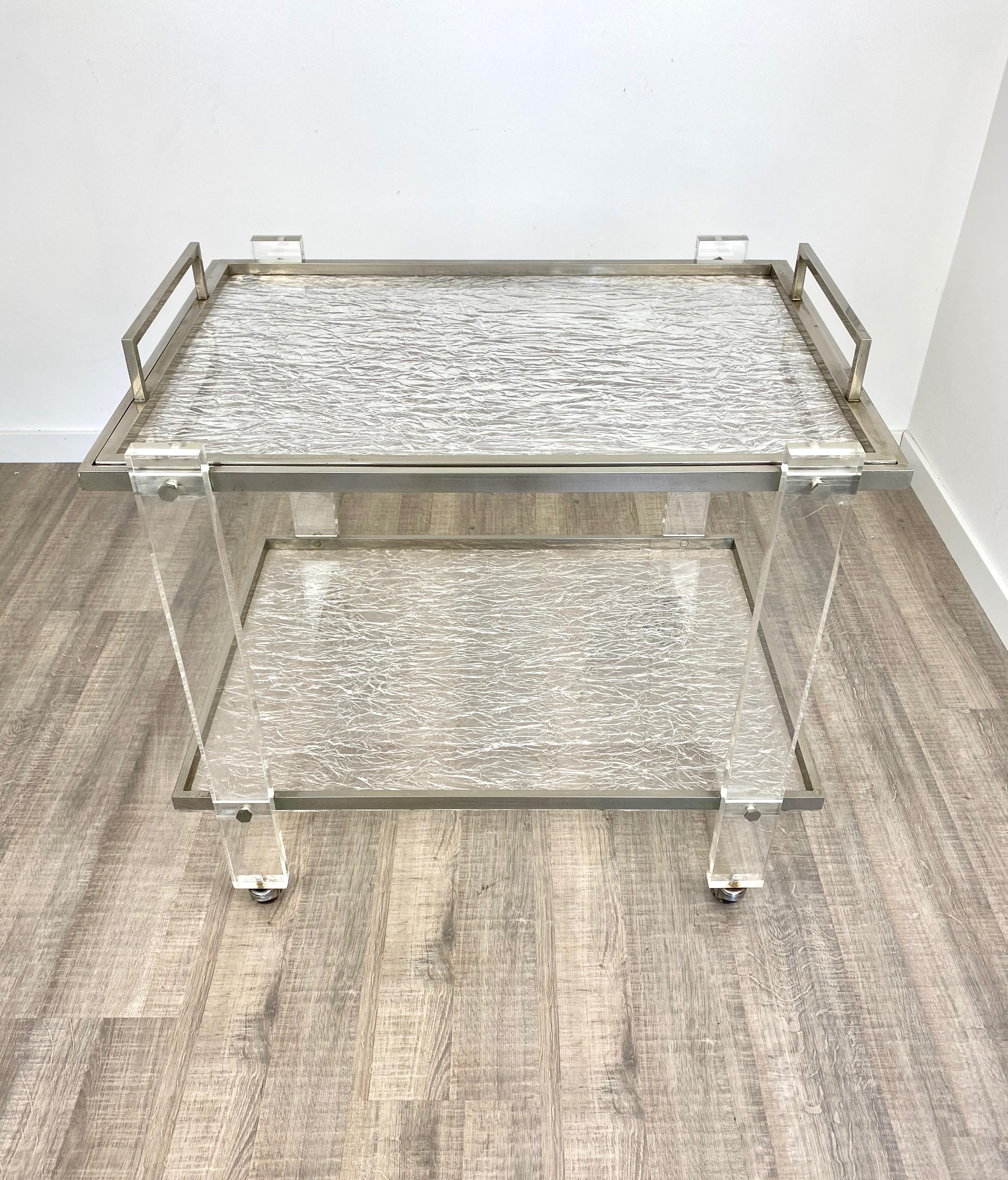 Italian Serving Cart and Tray Nickel and Lucite Ice Effect Willy Rizzo, Italy, 1970s For Sale