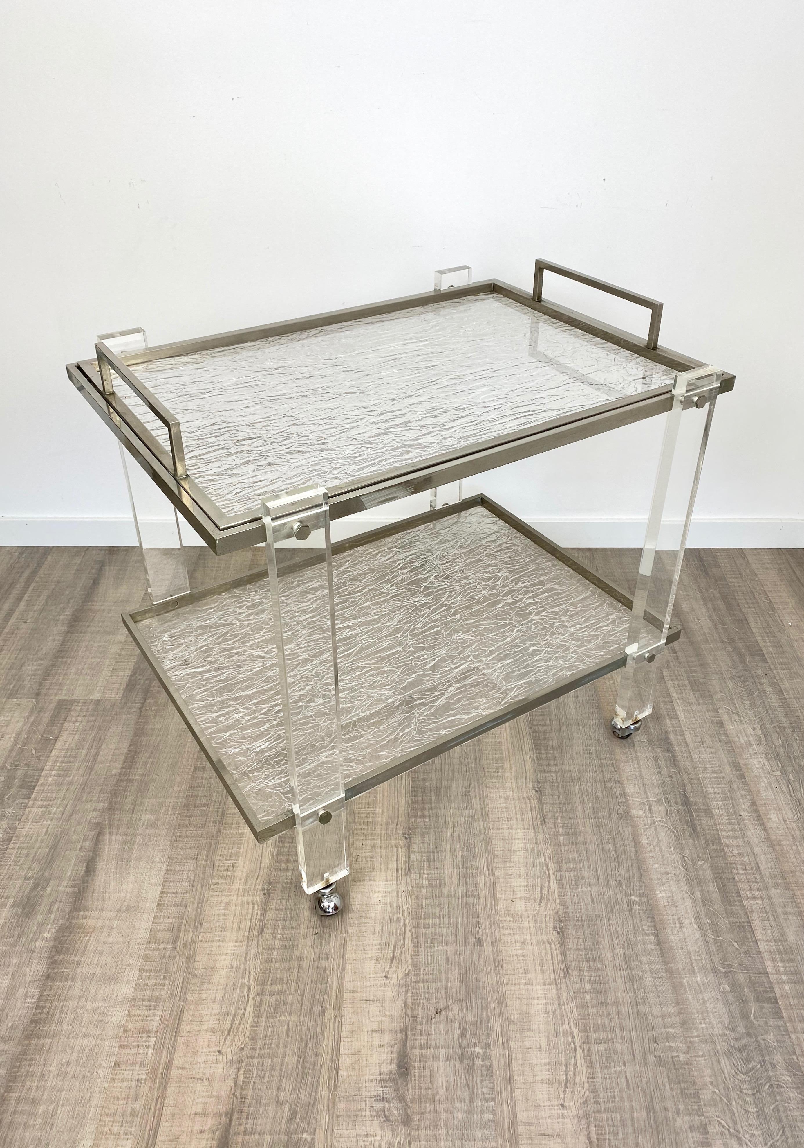 Late 20th Century Serving Cart and Tray Nickel and Lucite Ice Effect Willy Rizzo, Italy, 1970s For Sale