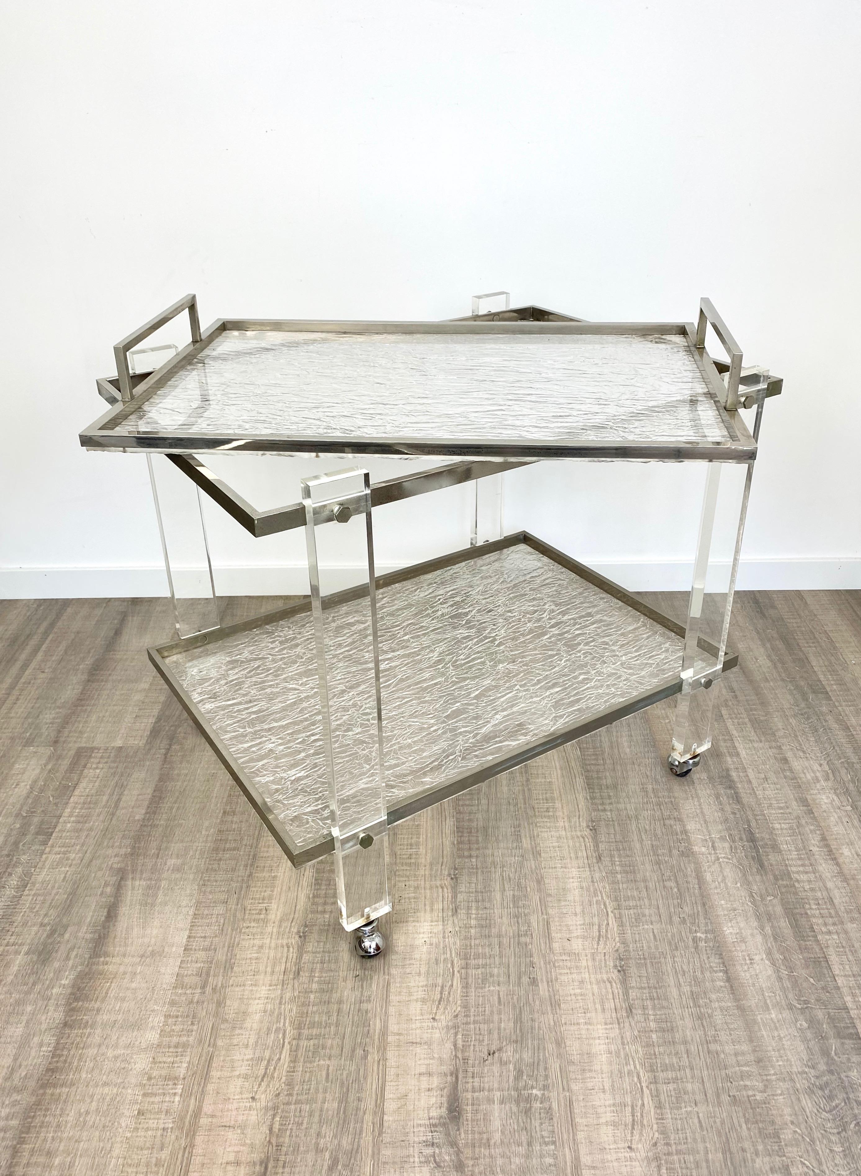 Serving Cart and Tray Nickel and Lucite Ice Effect Willy Rizzo, Italy, 1970s For Sale 2