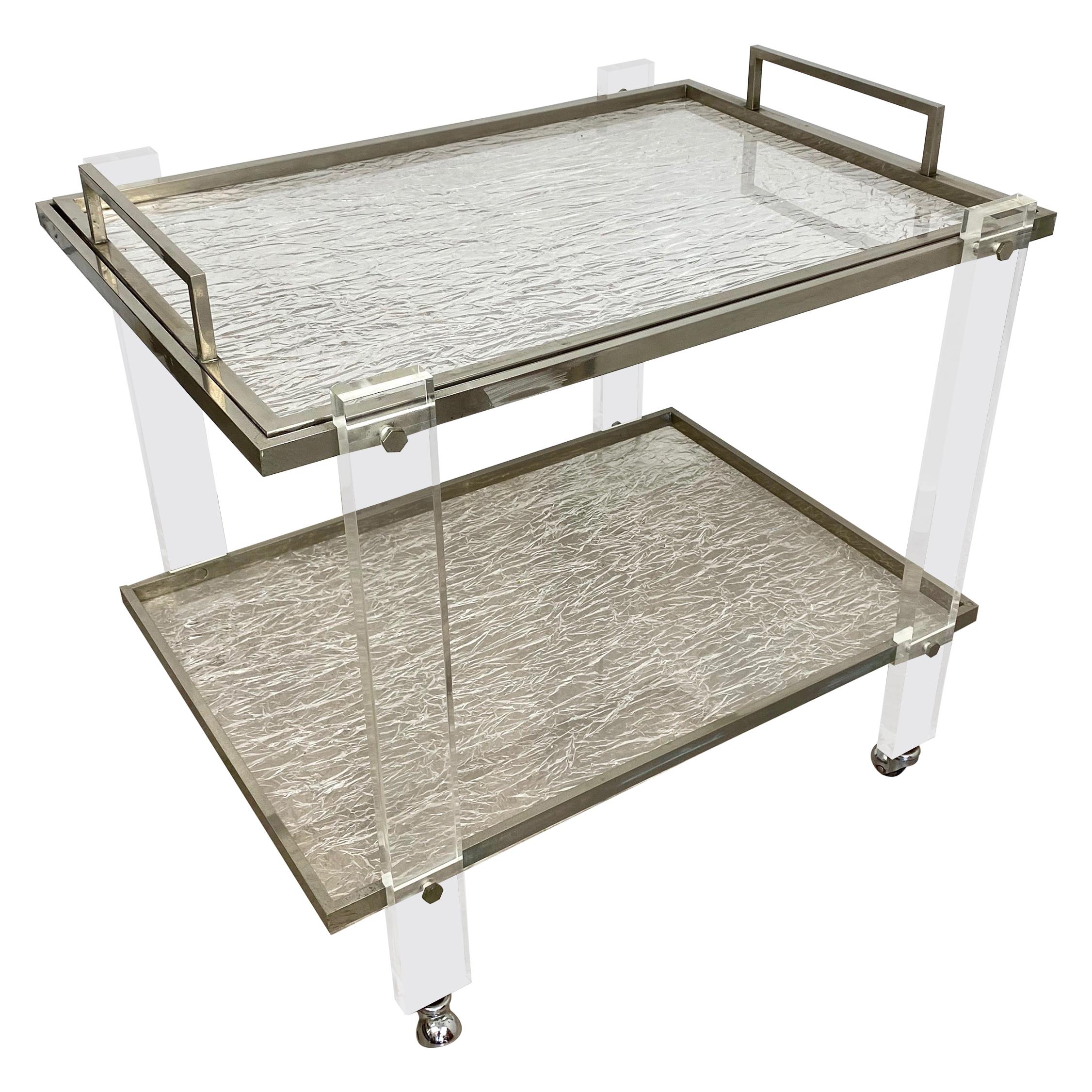 Serving Cart and Tray Nickel and Lucite Ice Effect Willy Rizzo, Italy, 1970s For Sale