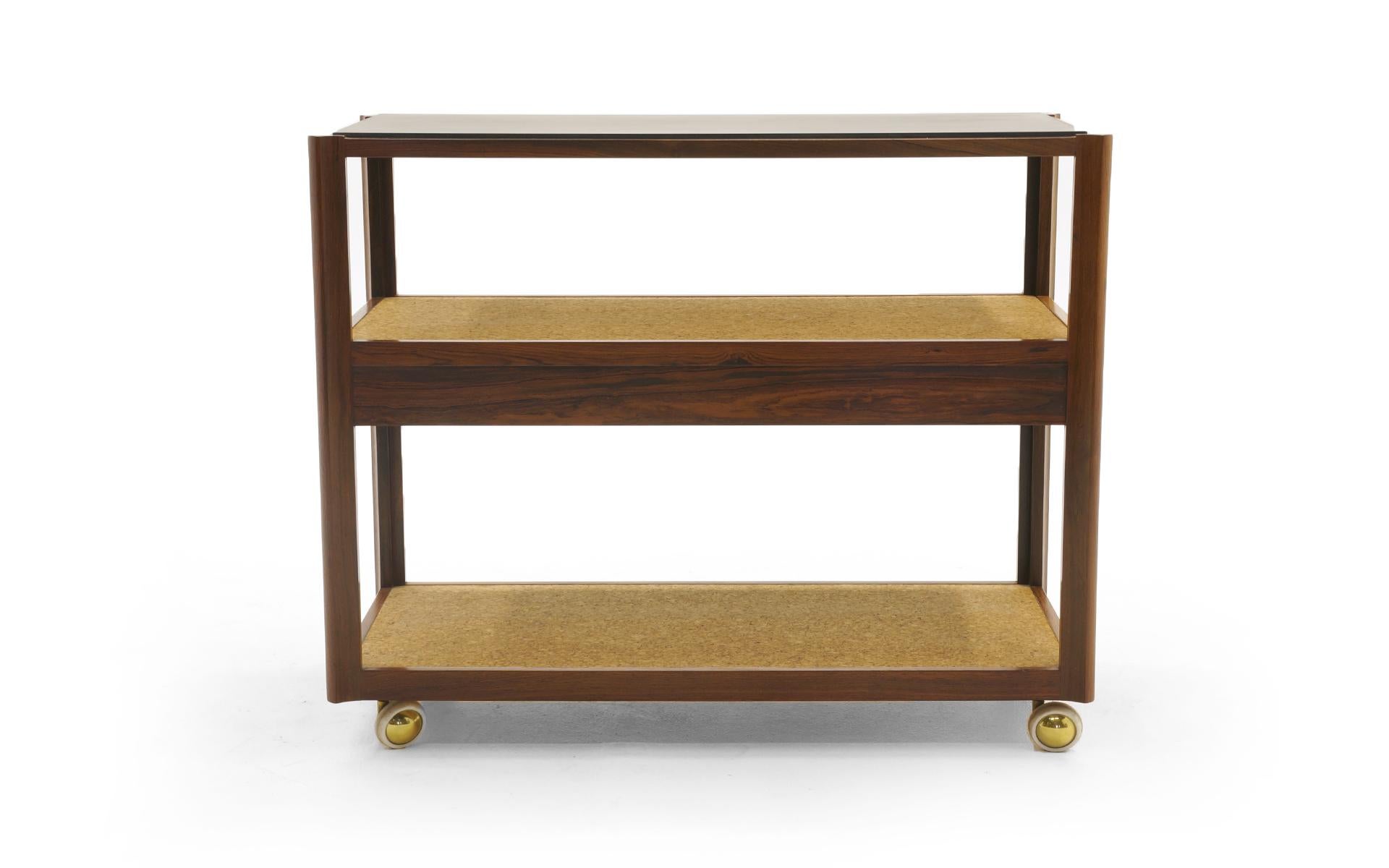 Mid-20th Century Serving Cart by Edward Wormley, Rosewood Frame, Black Slate Top, Cork Shelves