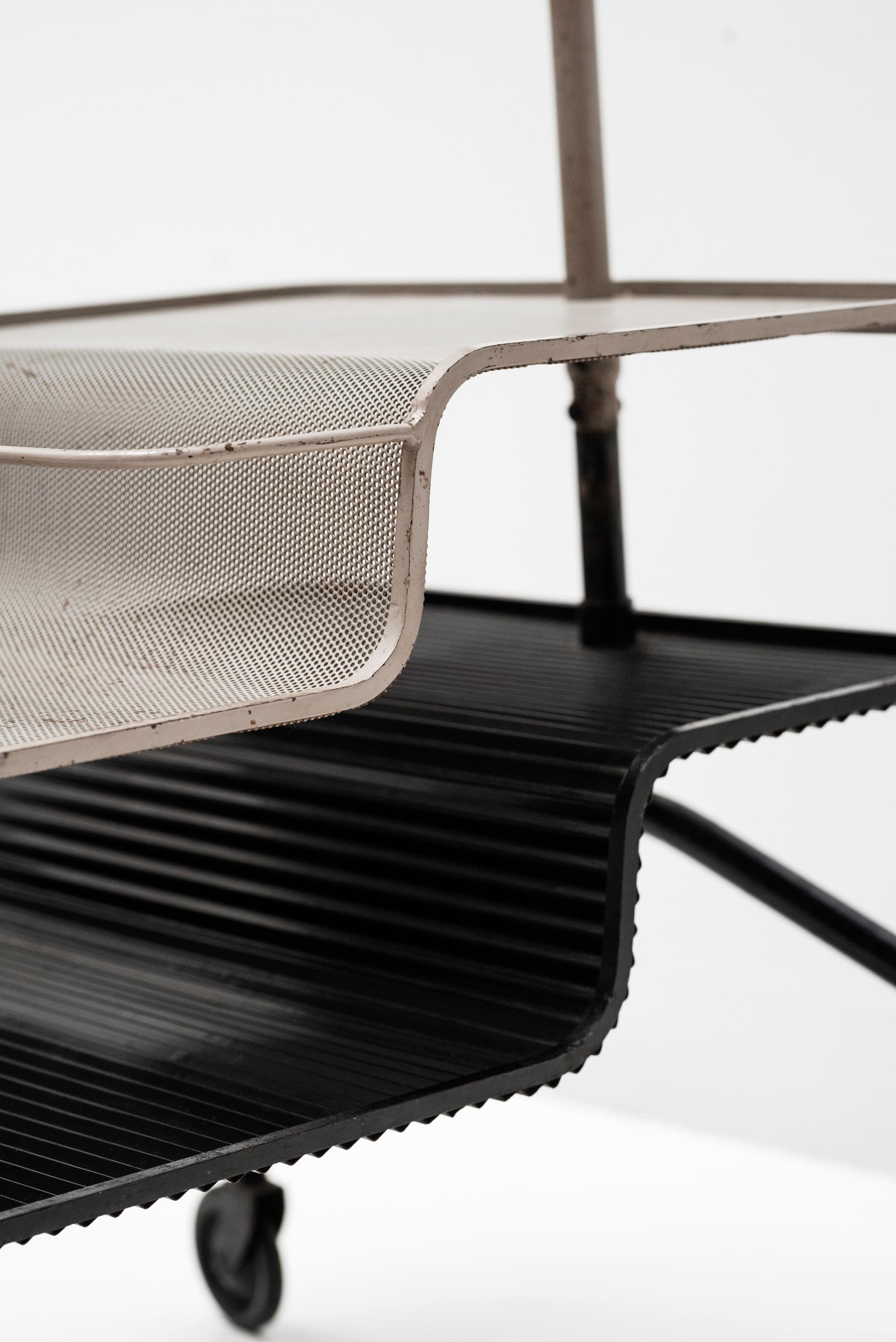 Serving Cart by Mathieu Matégot, Grey & Black Steel Brass & Rubber, 1950, France For Sale 5