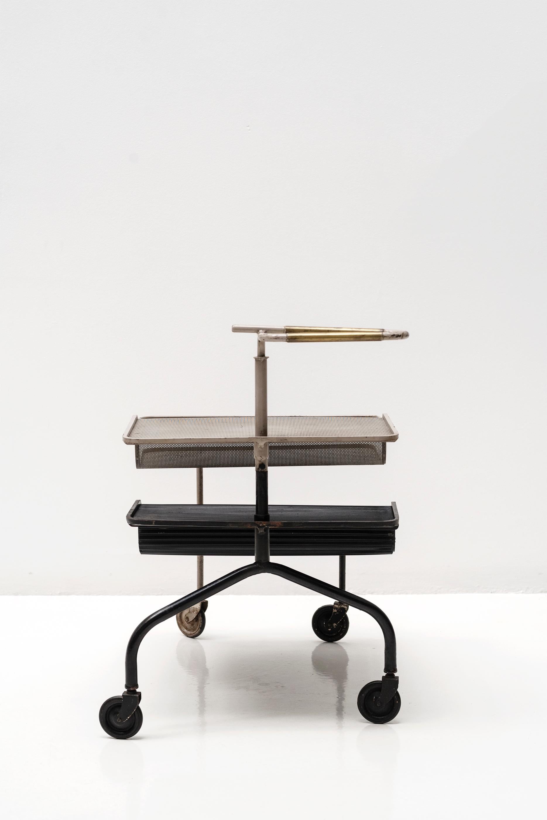 Mid-Century Modern Serving Cart by Mathieu Matégot, Grey & Black Steel Brass & Rubber, 1950, France For Sale