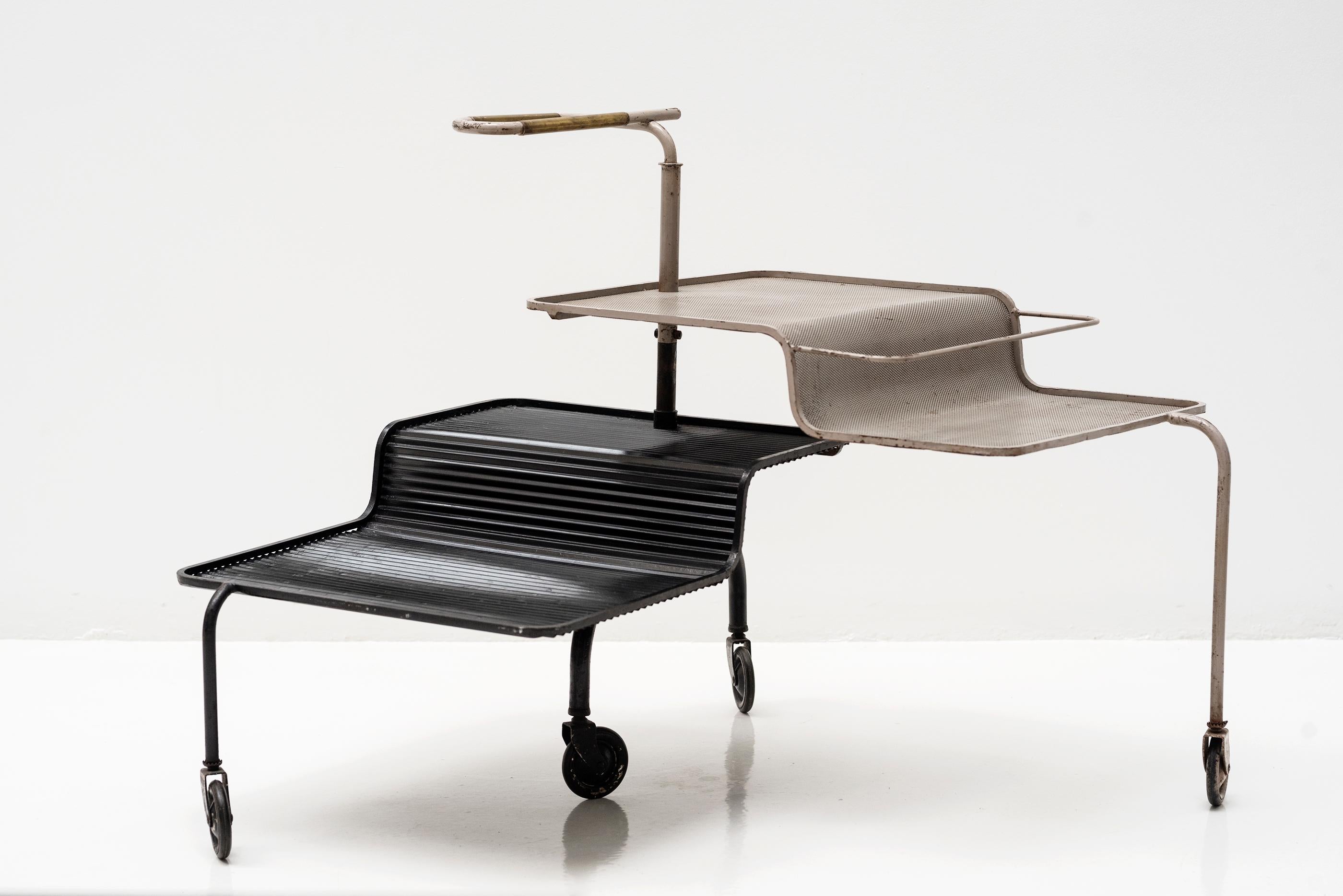 Serving Cart by Mathieu Matégot, Grey & Black Steel Brass & Rubber, 1950, France In Good Condition For Sale In Barcelona, ES