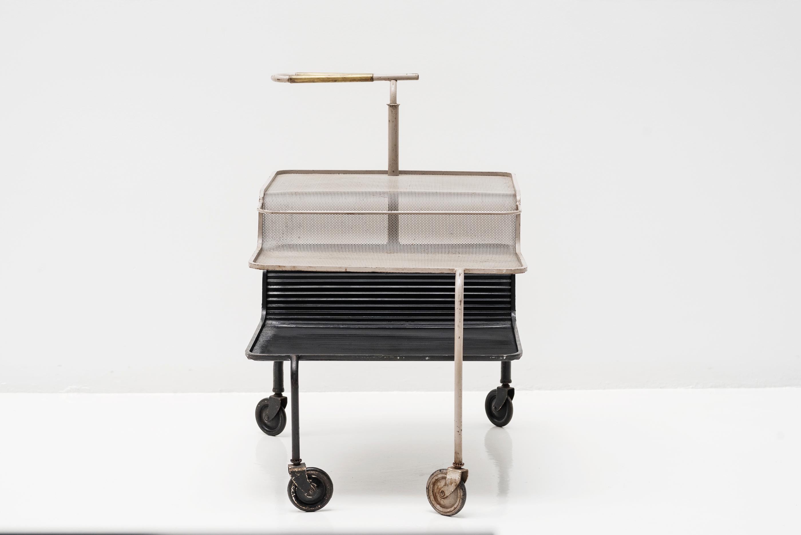 Serving Cart by Mathieu Matégot, Grey & Black Steel Brass & Rubber, 1950, France For Sale 3