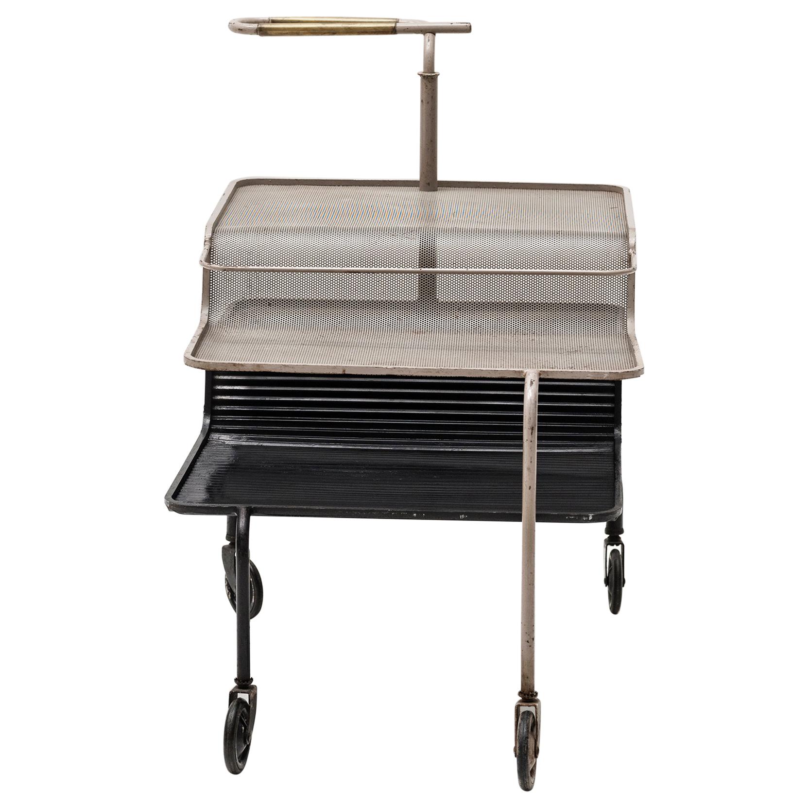 Serving Cart by Mathieu Matégot, Grey & Black Steel Brass & Rubber, 1950, France For Sale