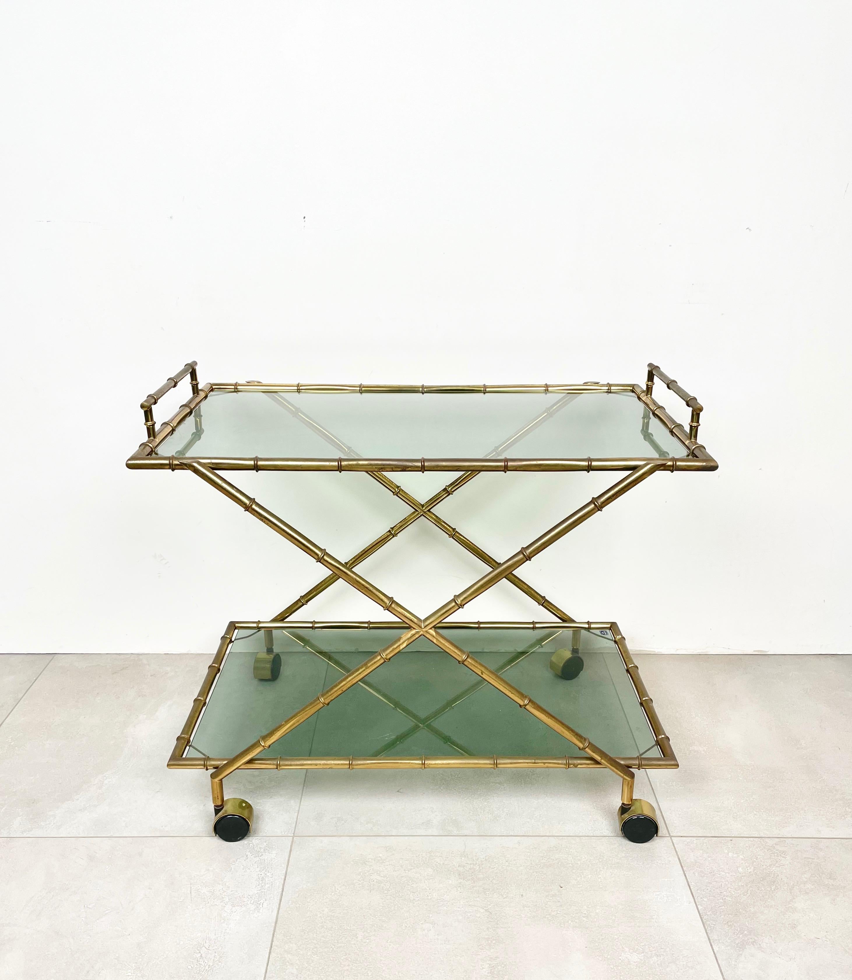 Serving Cart Faux Bamboo Brass and Smoked Glass by Rue Royale, France 1960s For Sale 4