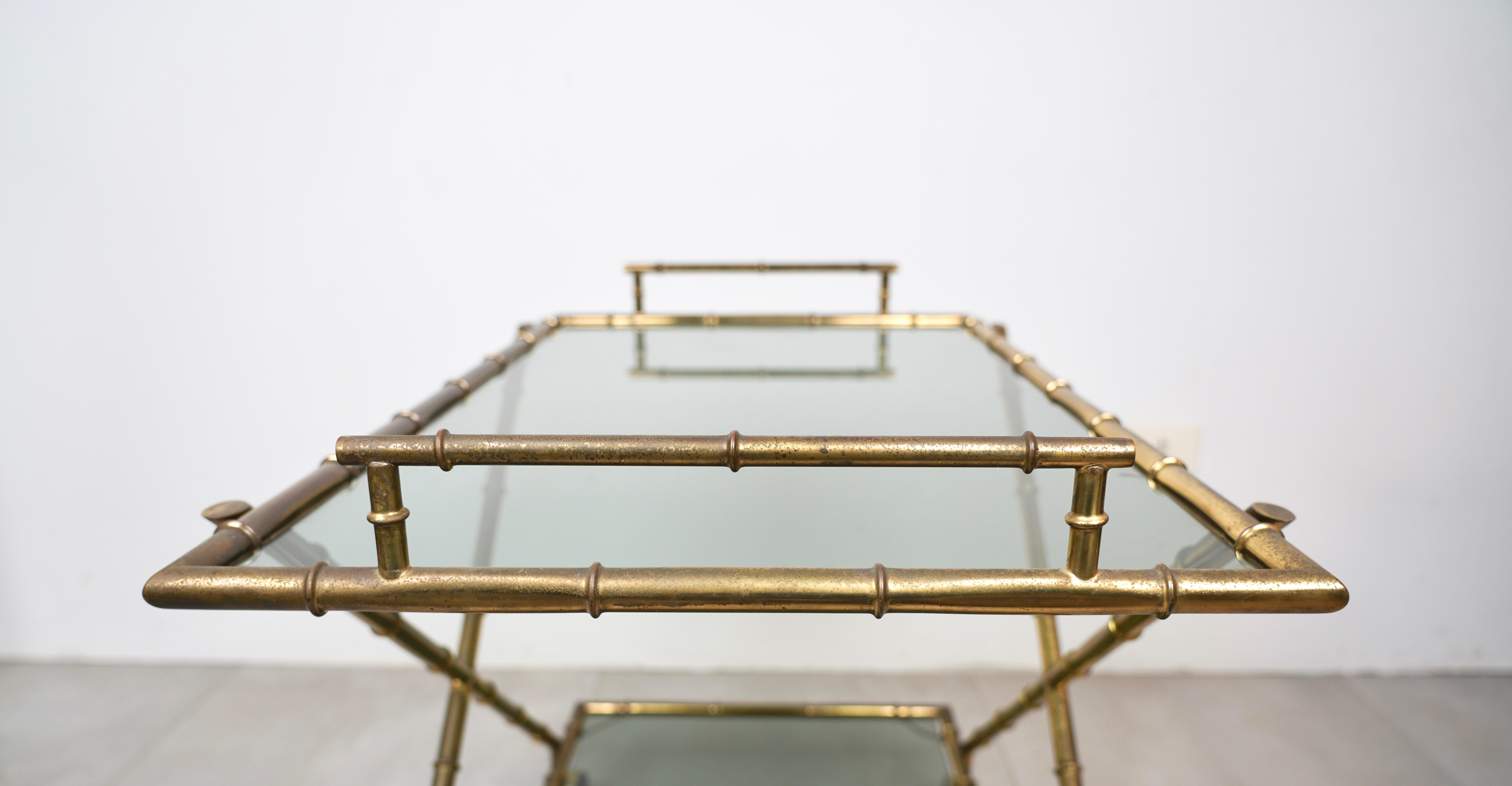 Serving Cart Faux Bamboo Brass and Smoked Glass by Rue Royale, France 1960s For Sale 5