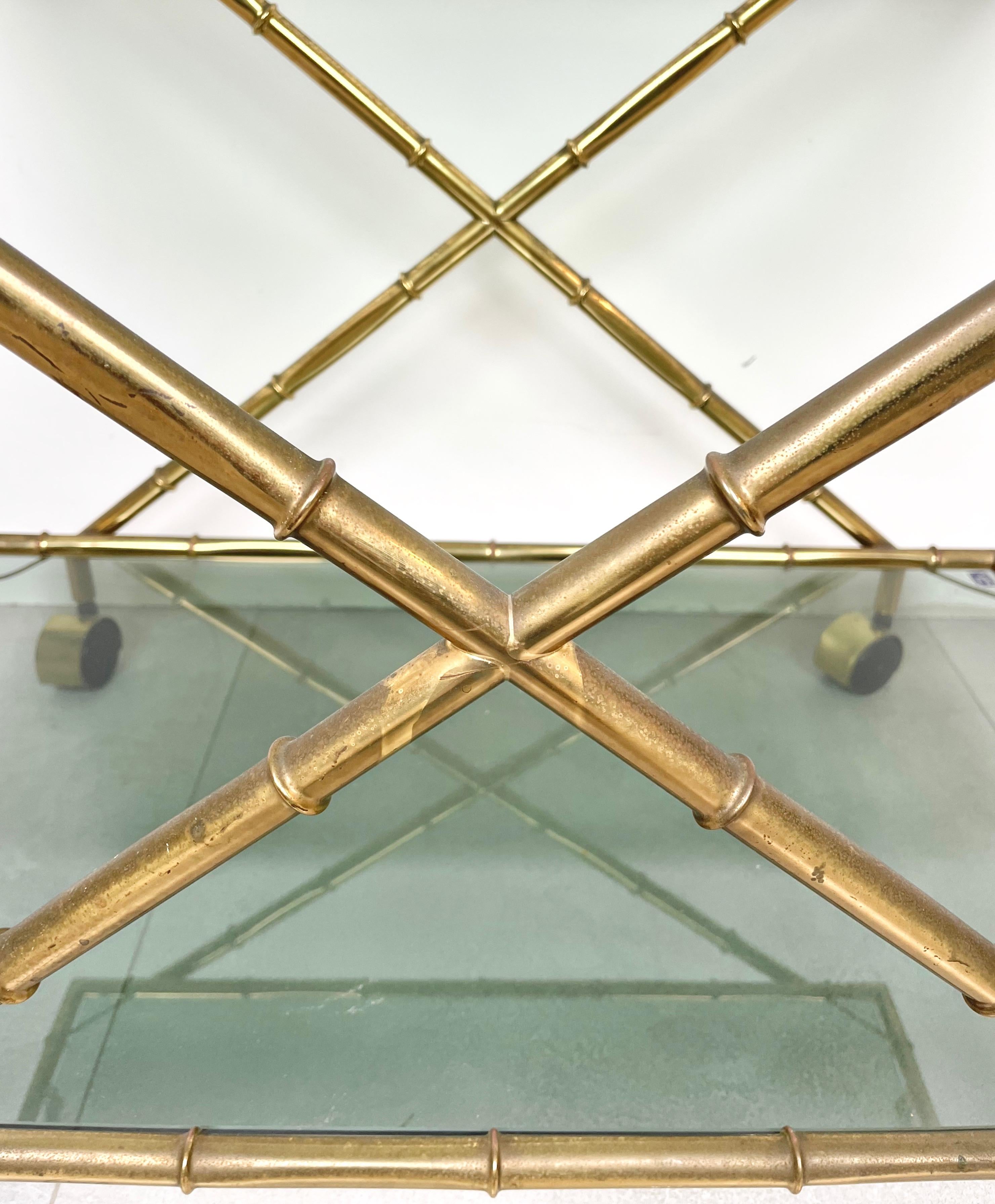 Serving Cart Faux Bamboo Brass and Smoked Glass by Rue Royale, France 1960s For Sale 7