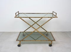 Serving Cart Faux Bamboo Brass and Smoked Glass by Rue Royale, France 1960s