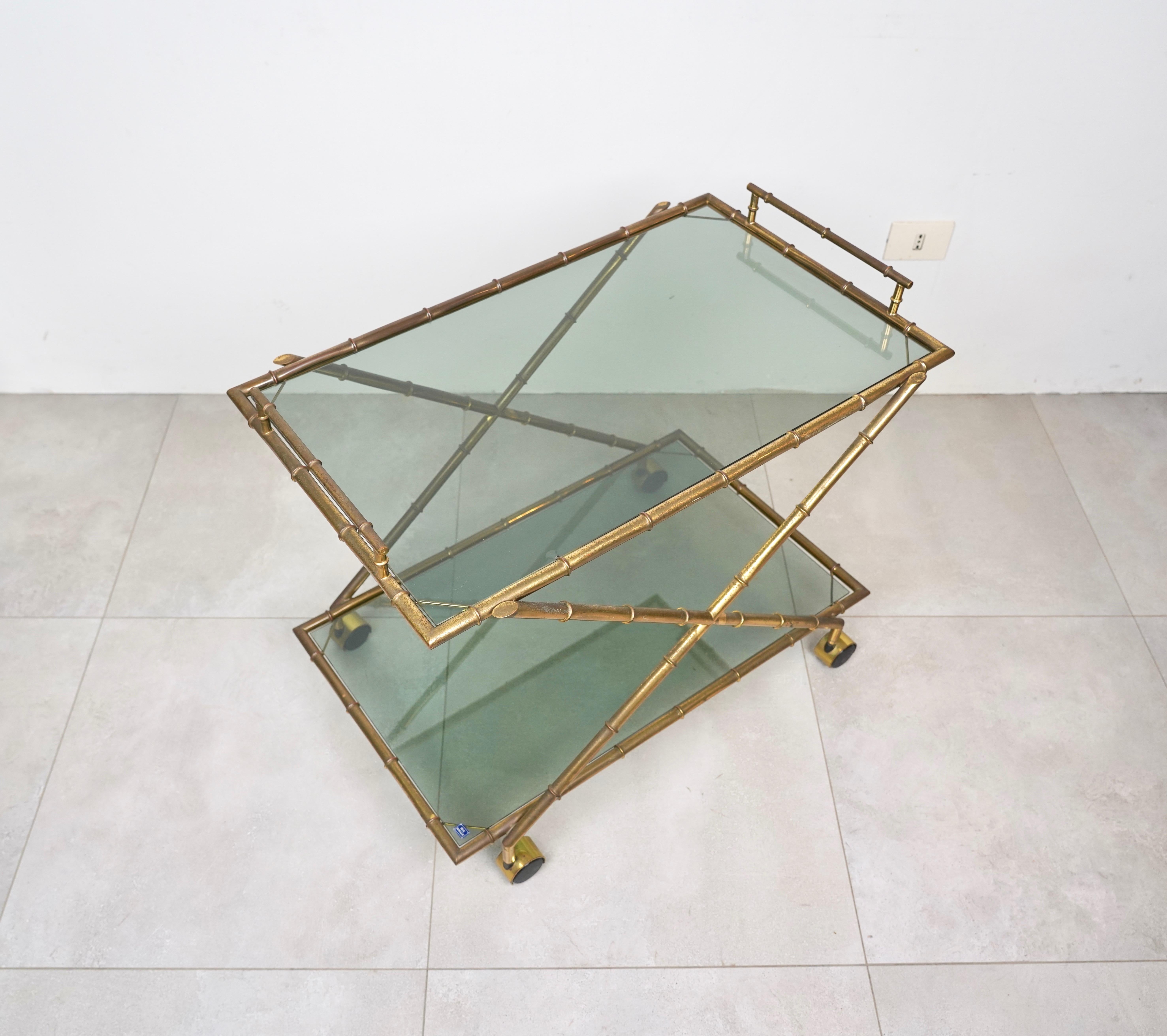 French Serving Cart Faux Bamboo Brass and Smoked Glass by Rue Royale, France 1960s For Sale