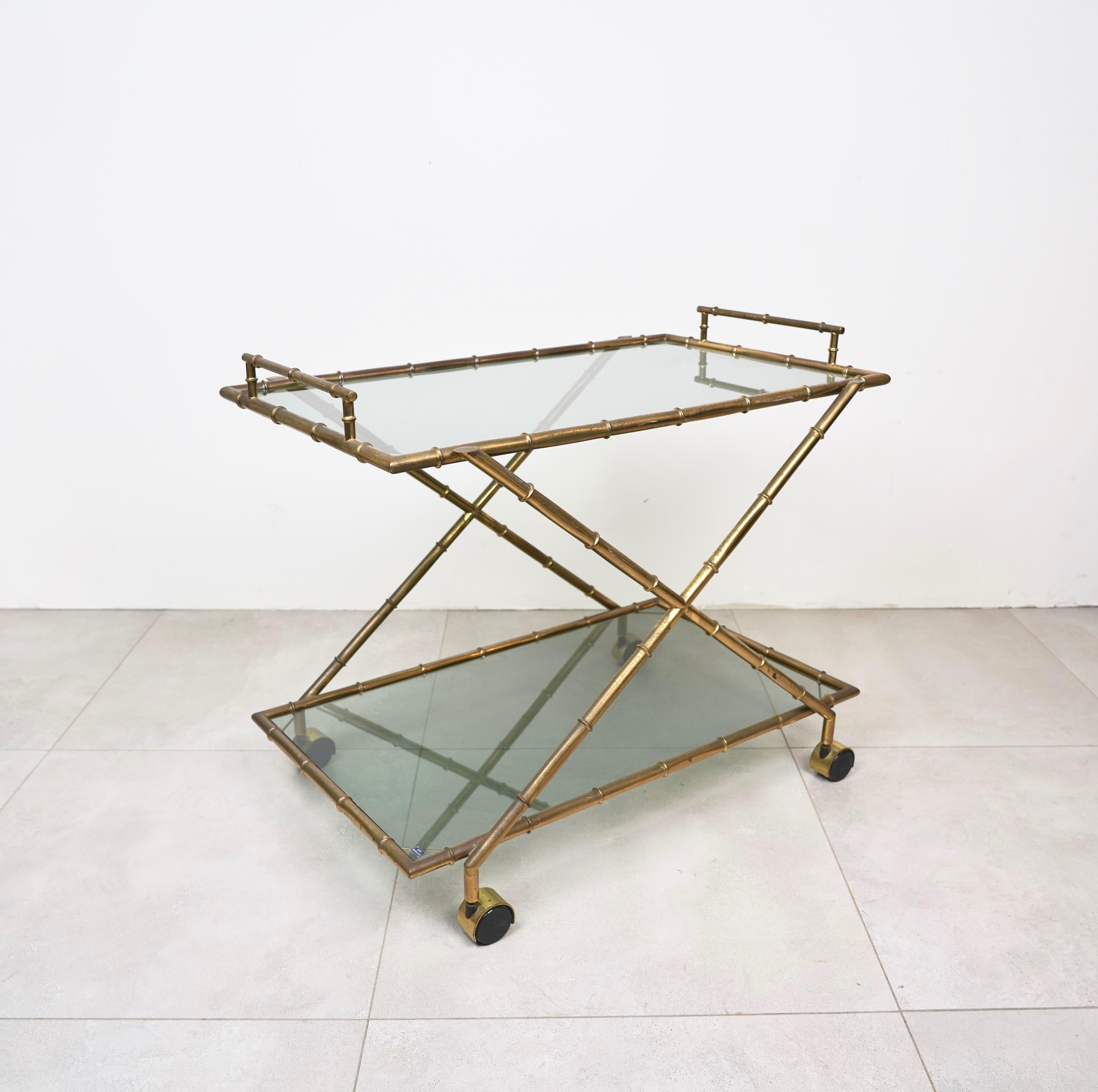 Serving Cart Faux Bamboo Brass and Smoked Glass by Rue Royale, France 1960s In Good Condition For Sale In Rome, IT